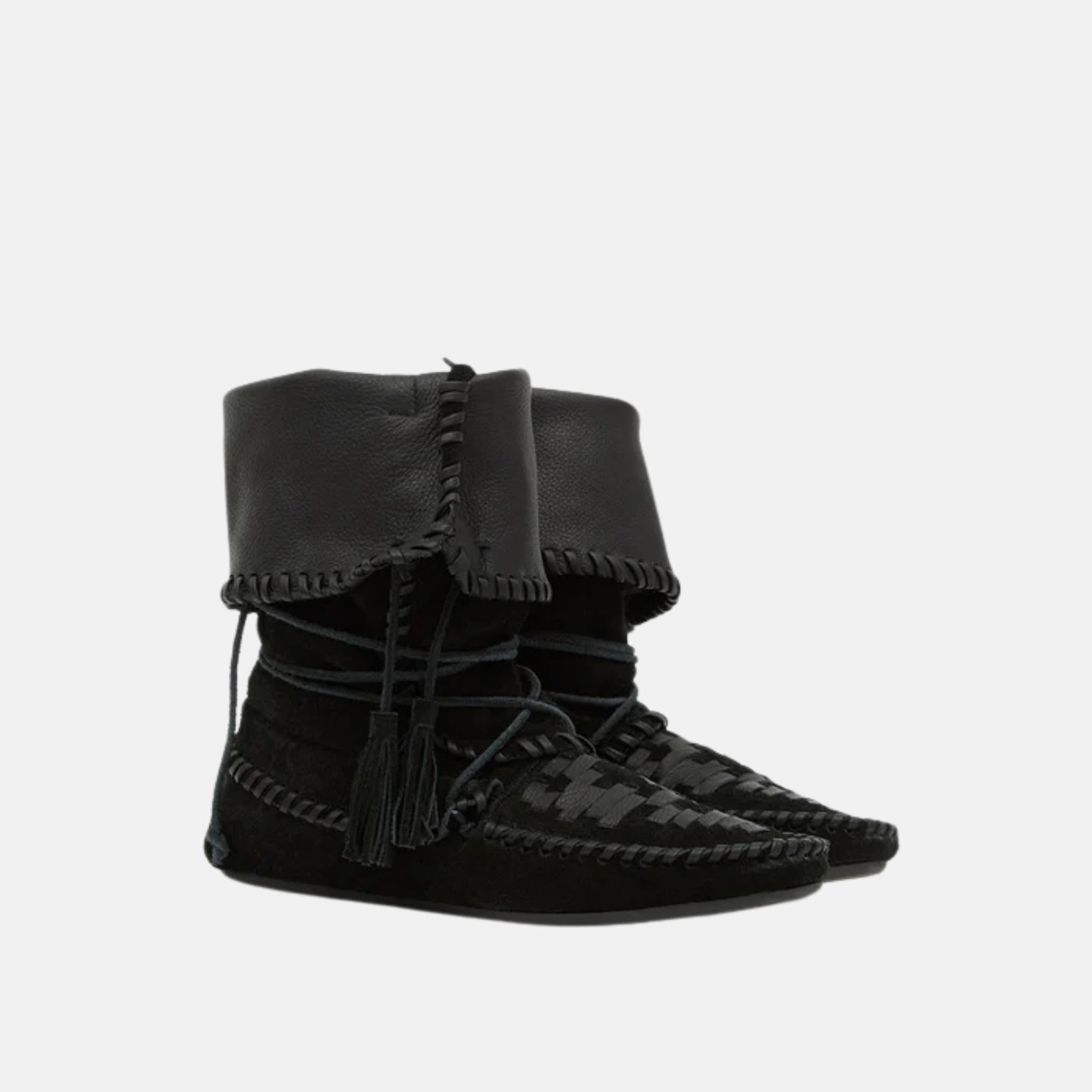 Isabel Marant Winki Boots In Braided And Suede Leather, Black, Front