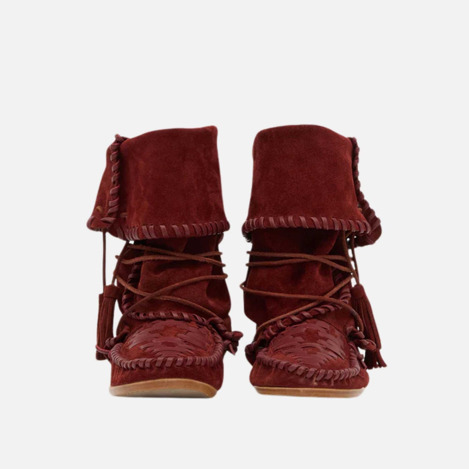 Isabel Marant Winki Boots In Braided And Suede Leather, Burgundy, Close