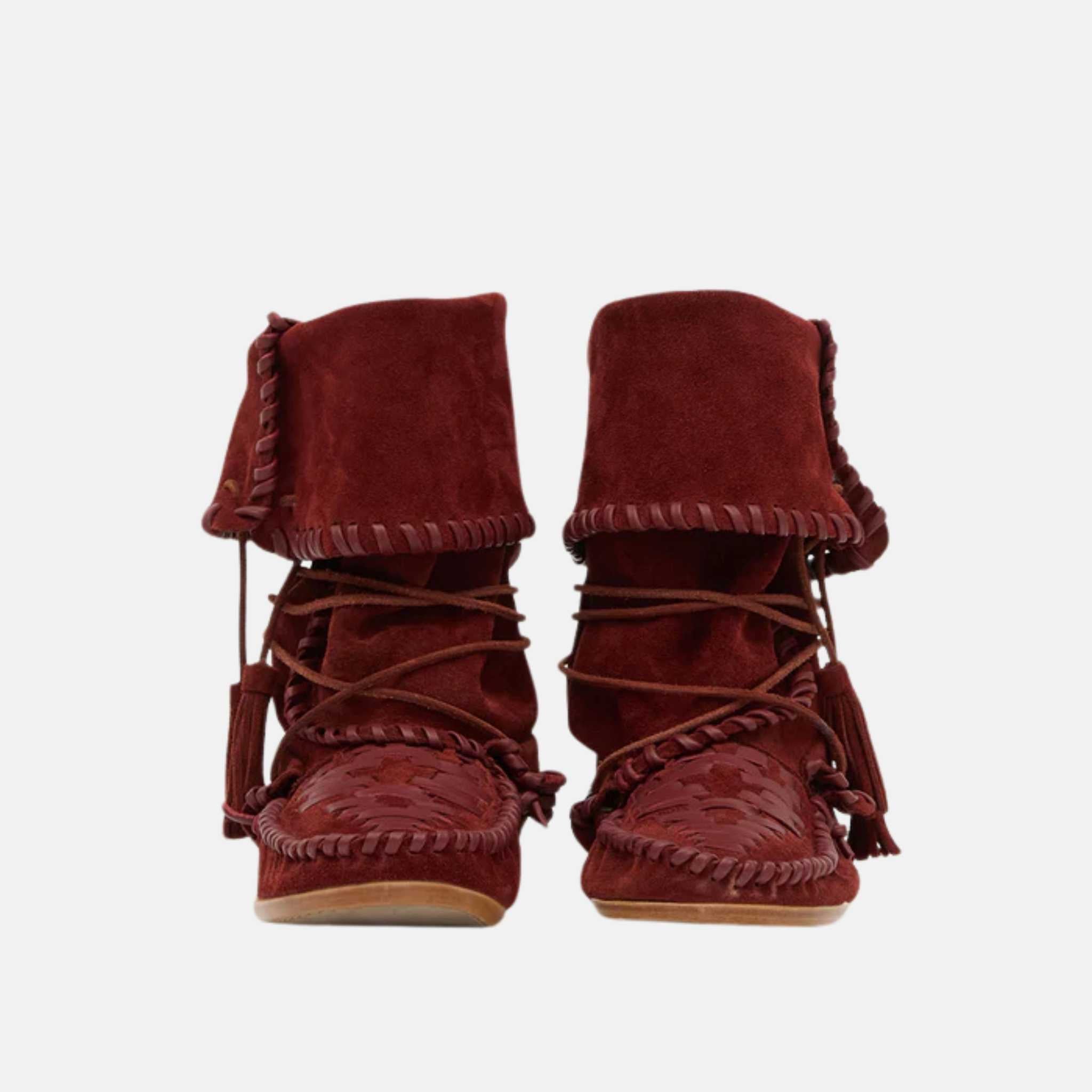 Isabel Marant Winki Boots In Braided And Suede Leather, Burgundy, Close