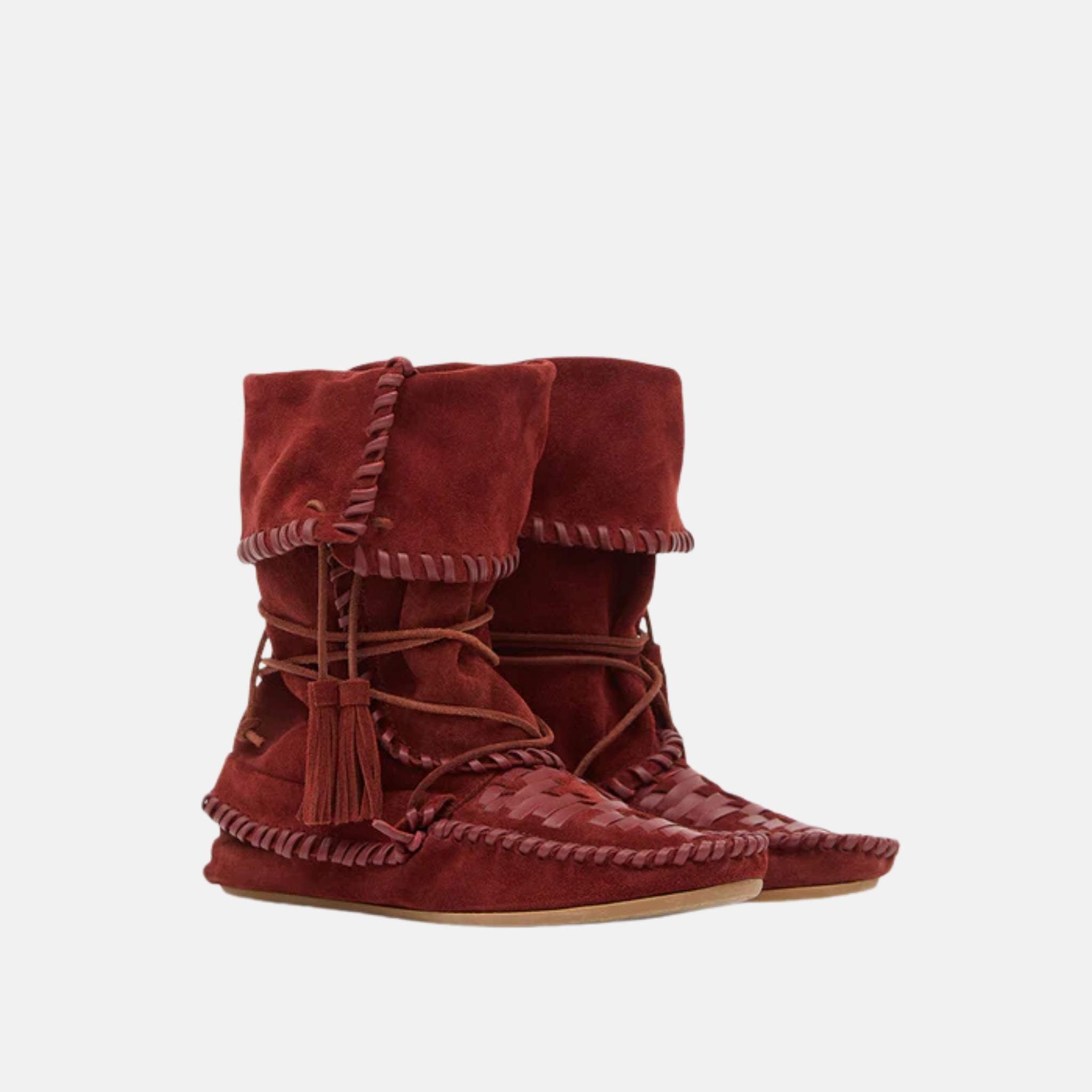 Isabel Marant Winki Boots In Braided And Suede Leather, Burgundy, Front