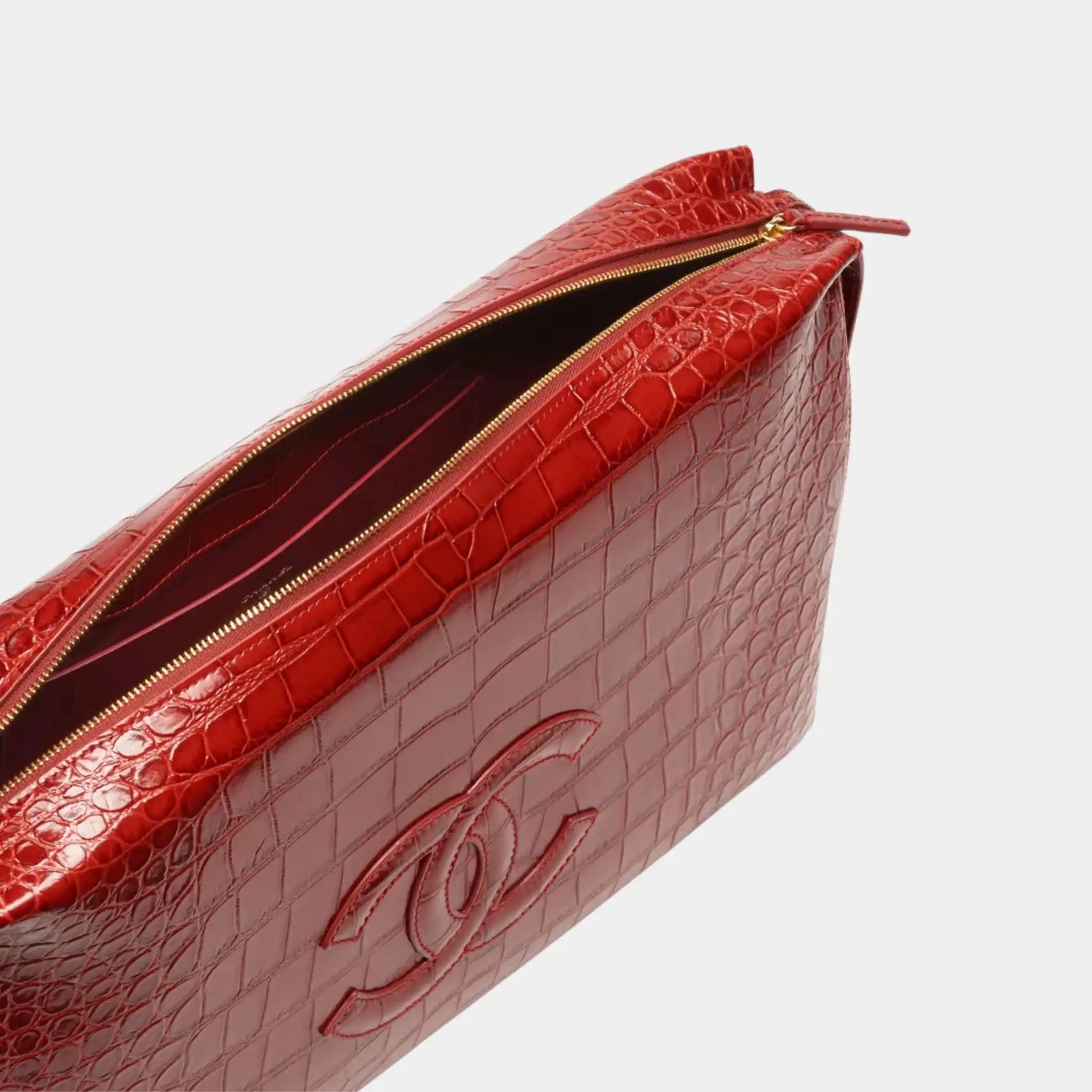 Chanel Large Zipped Pouch in Burgundy Crocodile Embossed Calfskin, Top