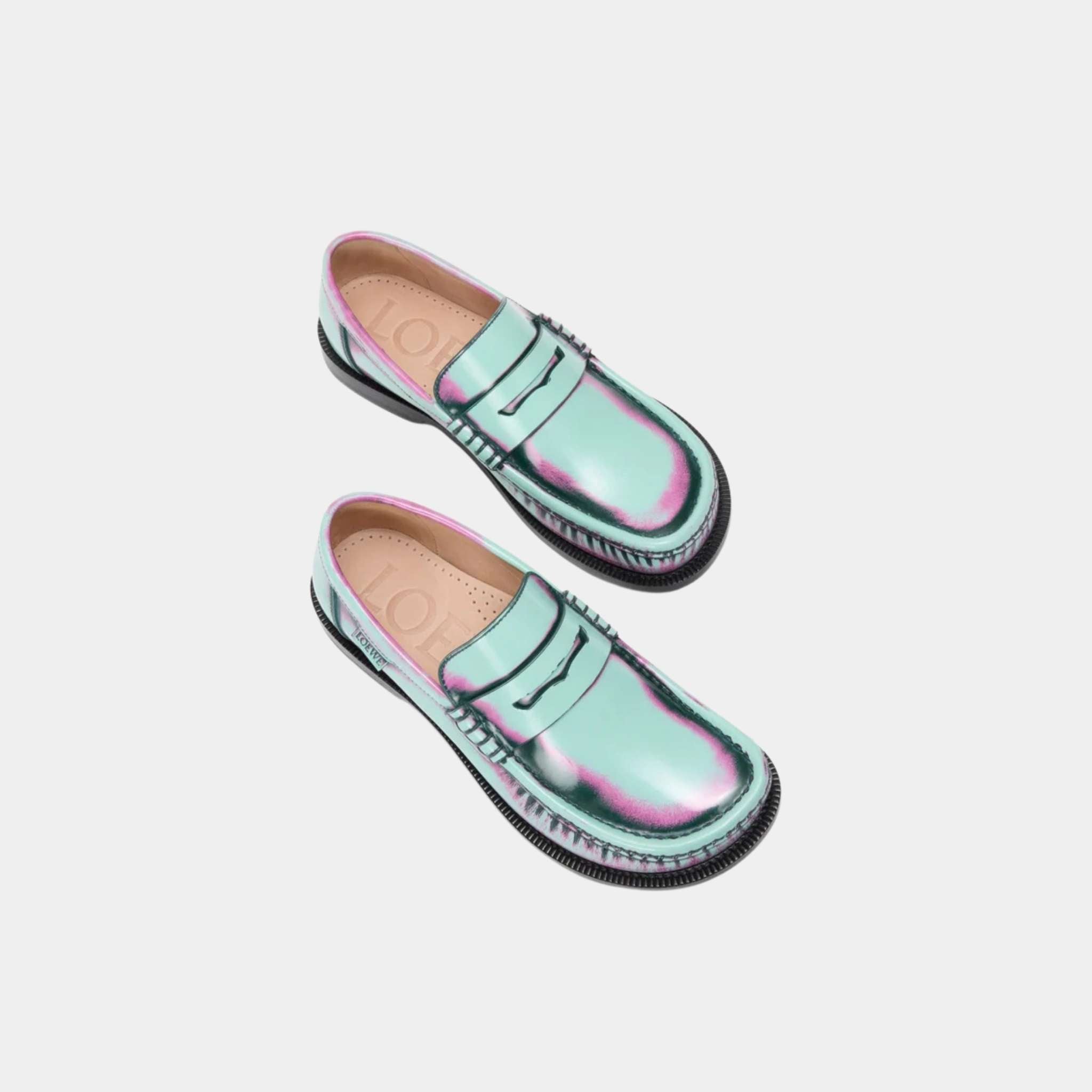 Loewe Campo Loafer In Brushed Calfskin, Mint, Pink, Forest Green, Top