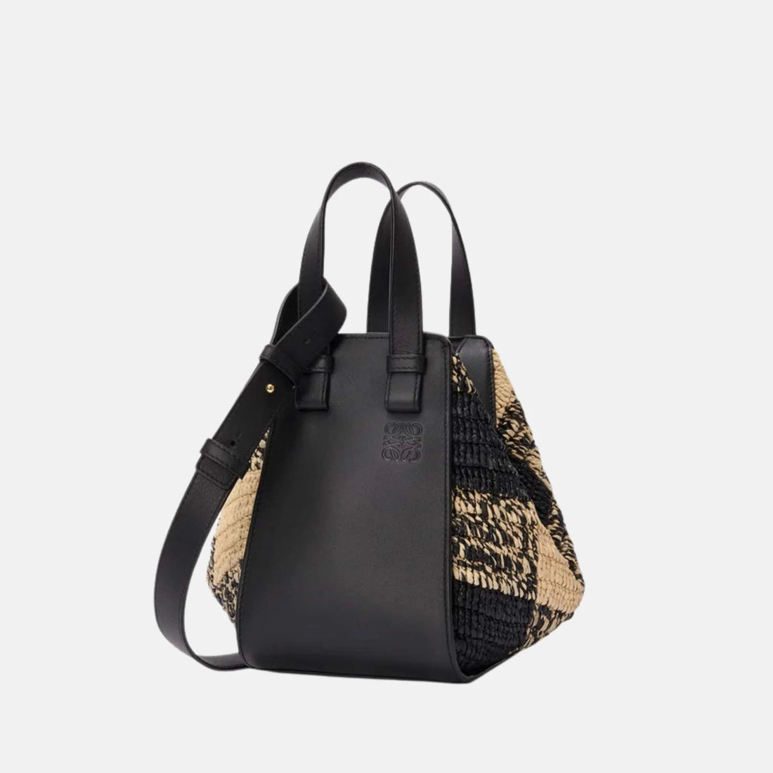 Loewe Compact Hammock Bag in Raffia and Calfskin, Front