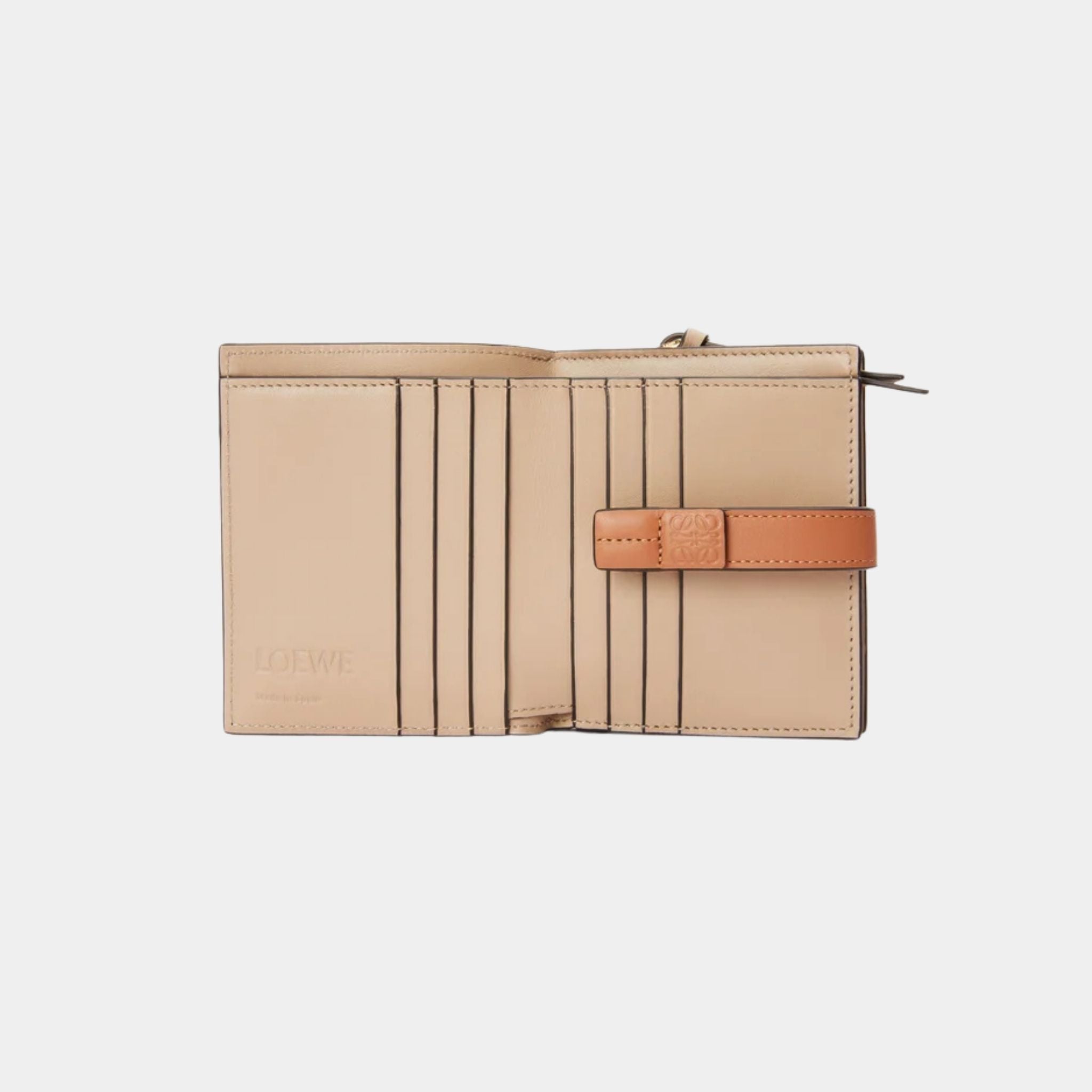Loewe Compact Zip Wallet In Soft Grained Calfskin, Toffee, Open