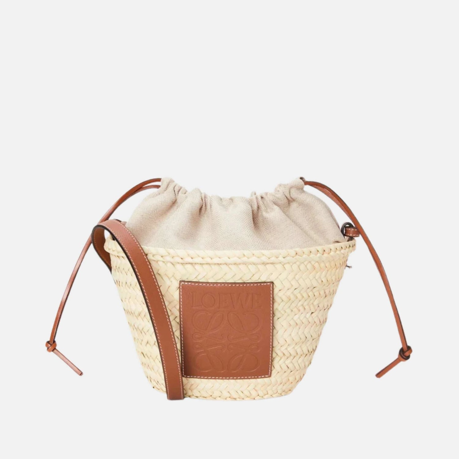 Loewe Drawstring Bucket in Palm Leaf and Calfskin, Front