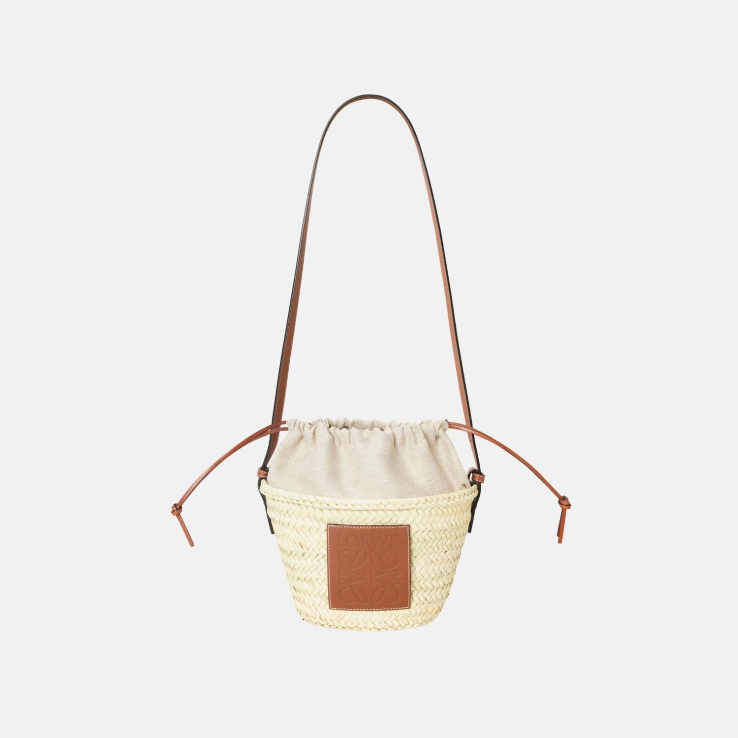 Loewe Drawstring Bucket in Palm Leaf and Calfskin, Full