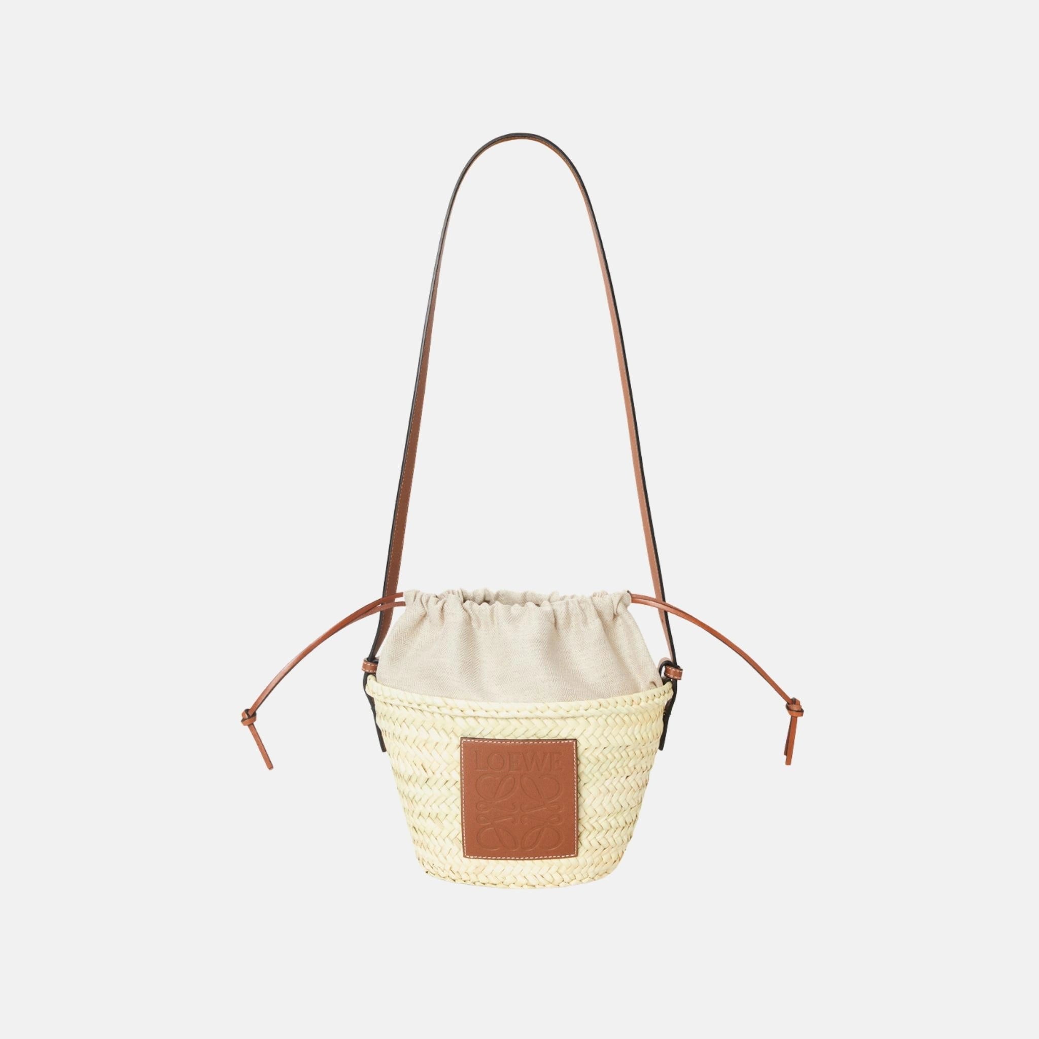 Loewe Drawstring Bucket in Palm Leaf and Calfskin, Full