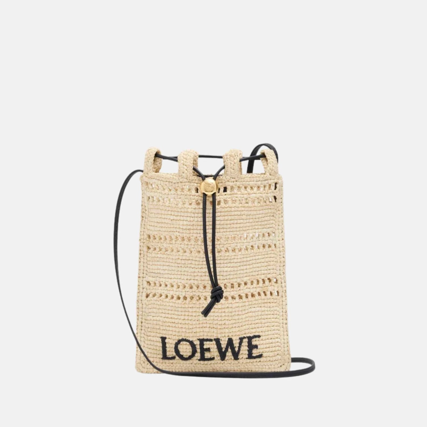 Loewe Drawstring Pocket in Natural Raffia, Front