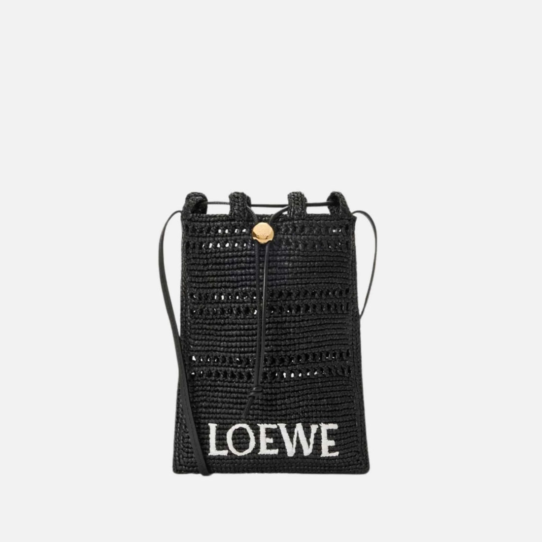 Loewe Drawstring Pocket in Raffia, Black, Front