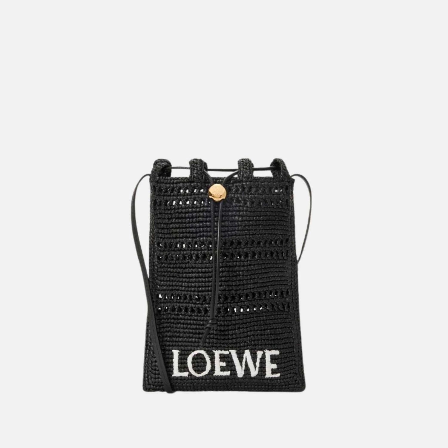 Loewe Drawstring Pocket in Raffia, Black, Front