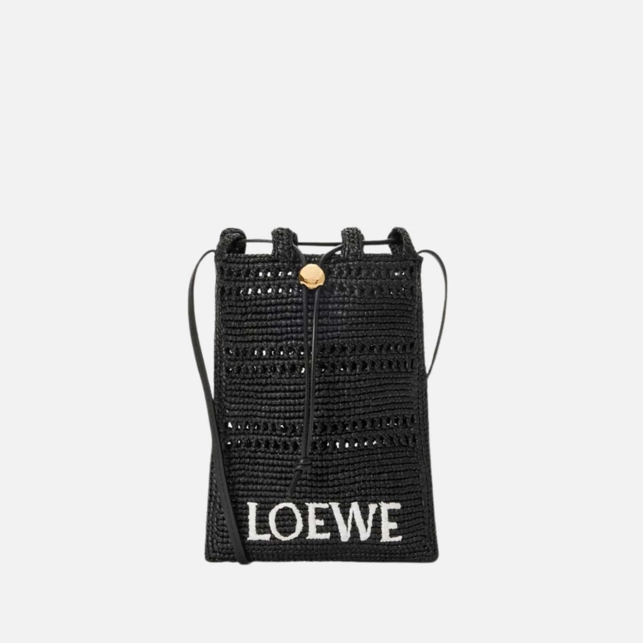 Loewe Drawstring Pocket in Raffia, Black, Front