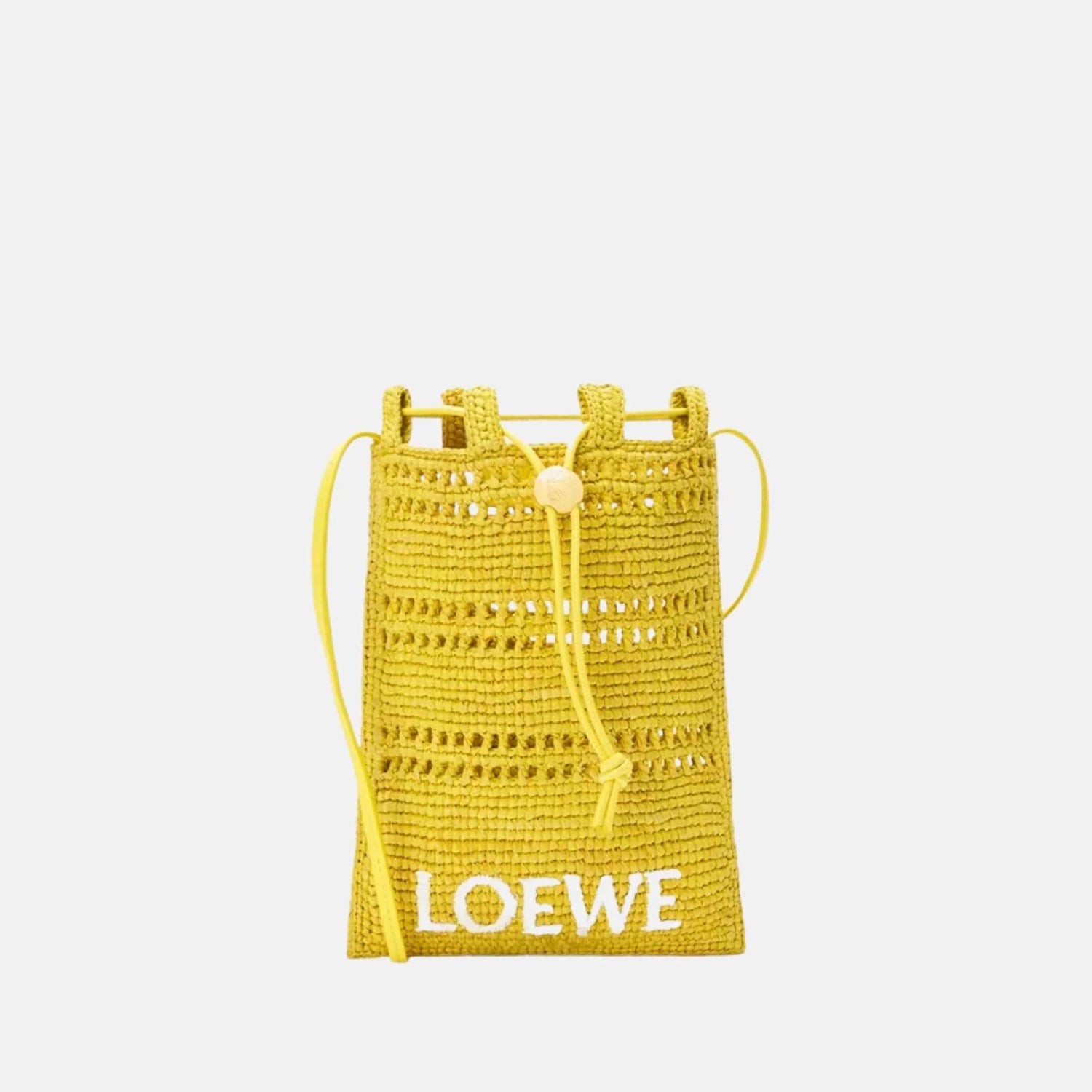 Loewe Drawstring Pocket in Raffia, Yellow, Front