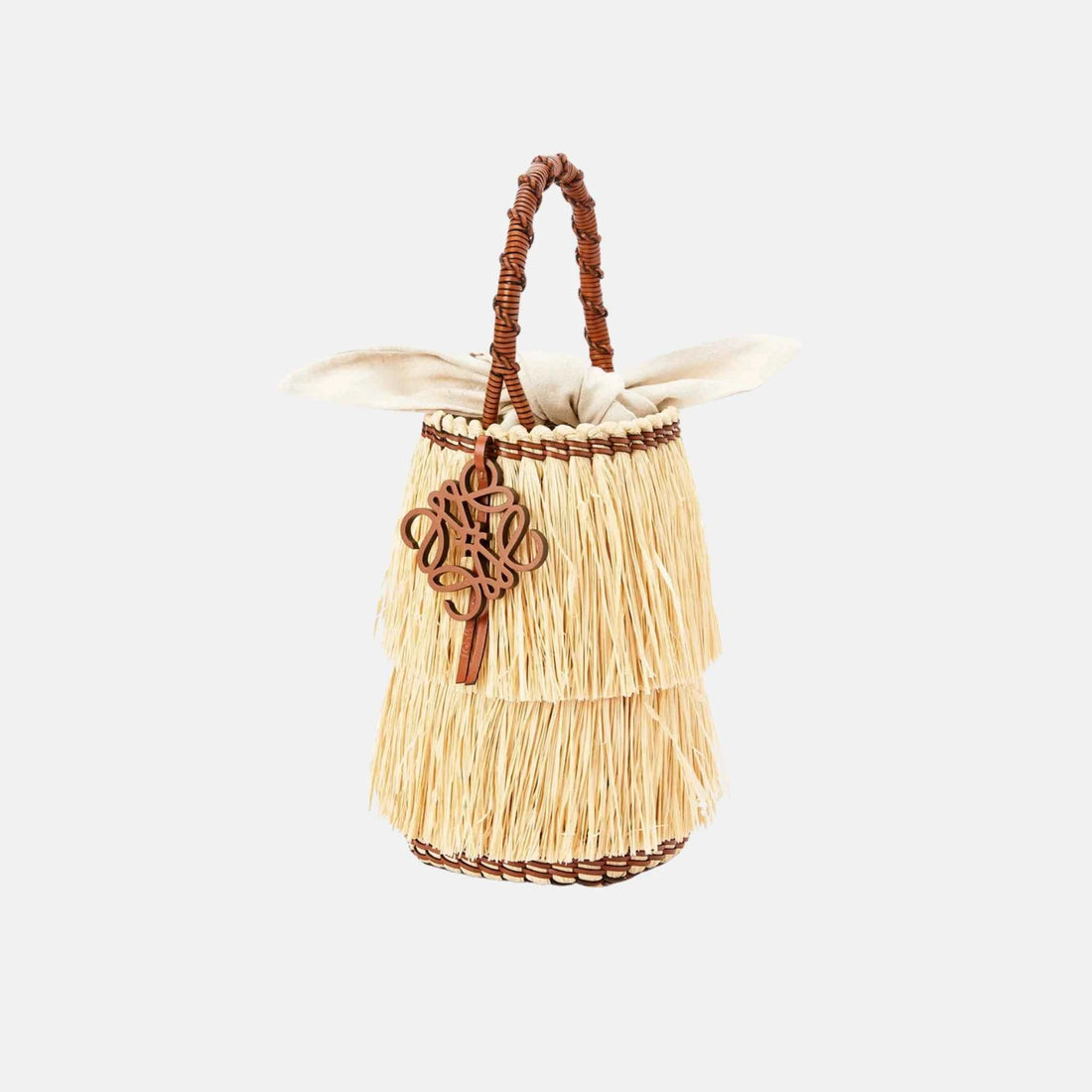 Loewe Frayed Bucket Bag in Raffia and Calfskin, Front