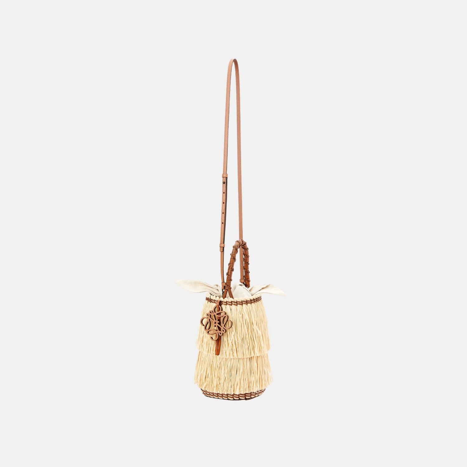 Loewe Frayed Bucket Bag in Raffia and Calfskin, Full