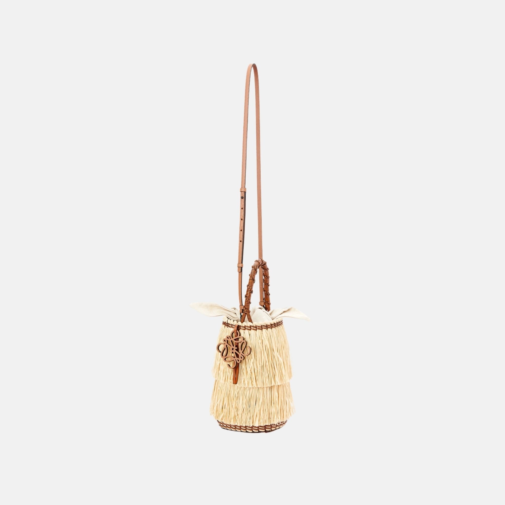 Loewe Frayed Bucket Bag in Raffia and Calfskin, Full