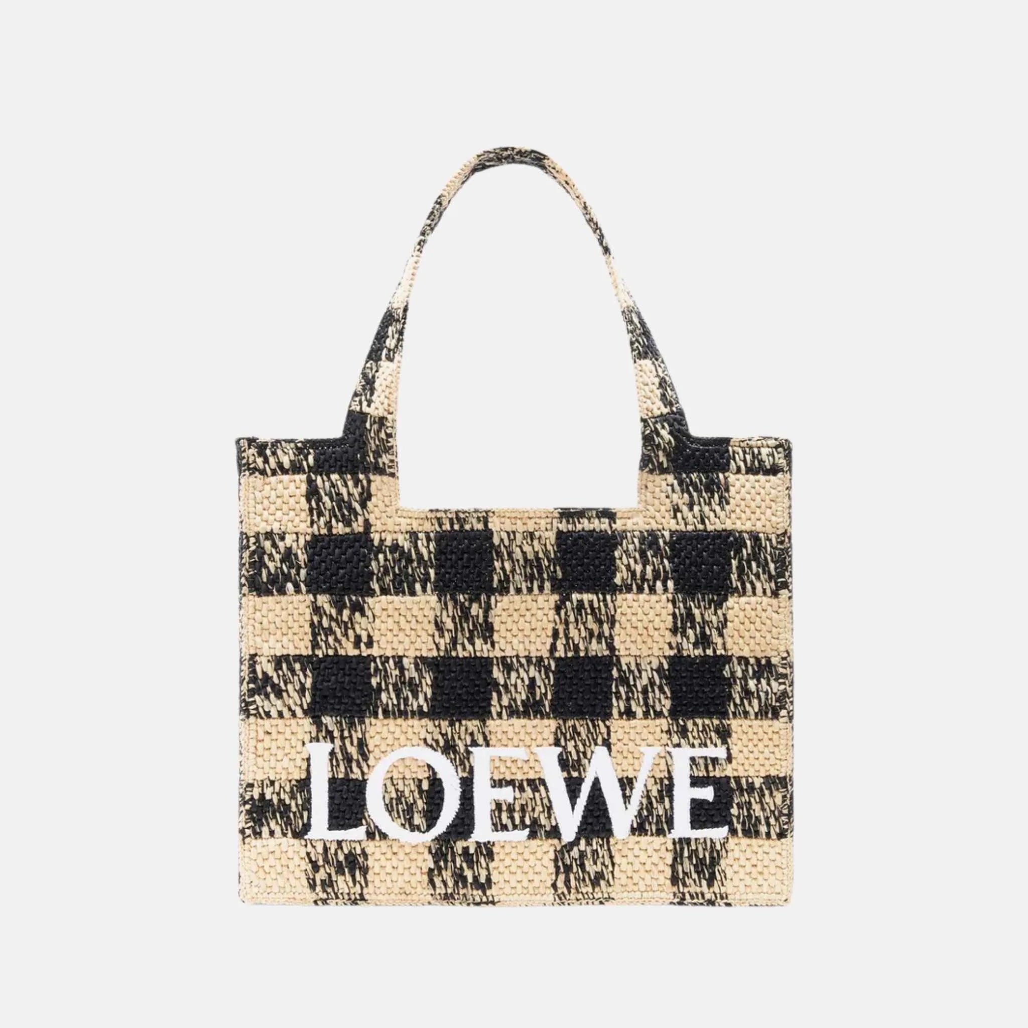 Loewe Large Font Tote in Raffia Gingham Pattern, Front