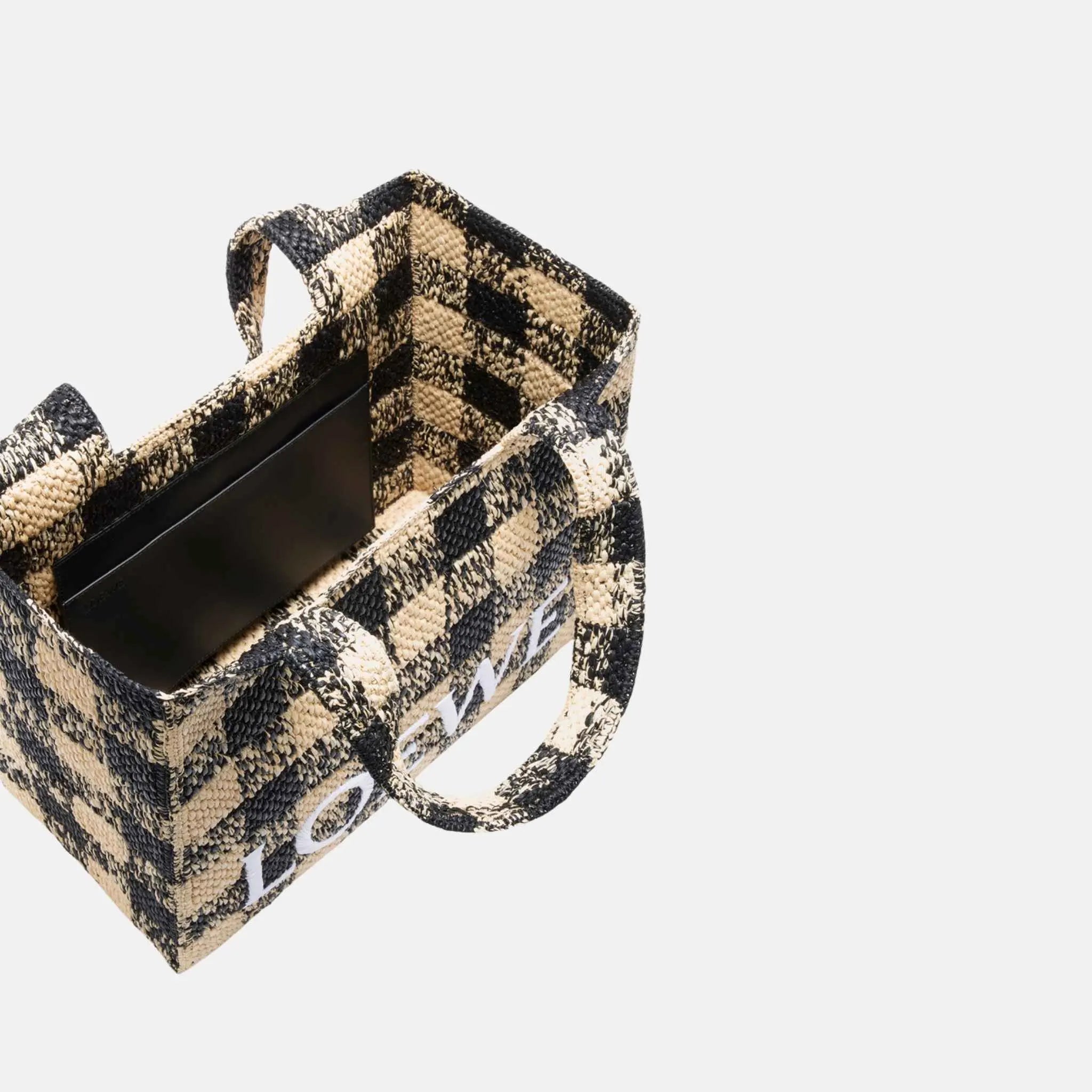 Loewe Large Font Tote in Raffia Gingham Pattern, Inside