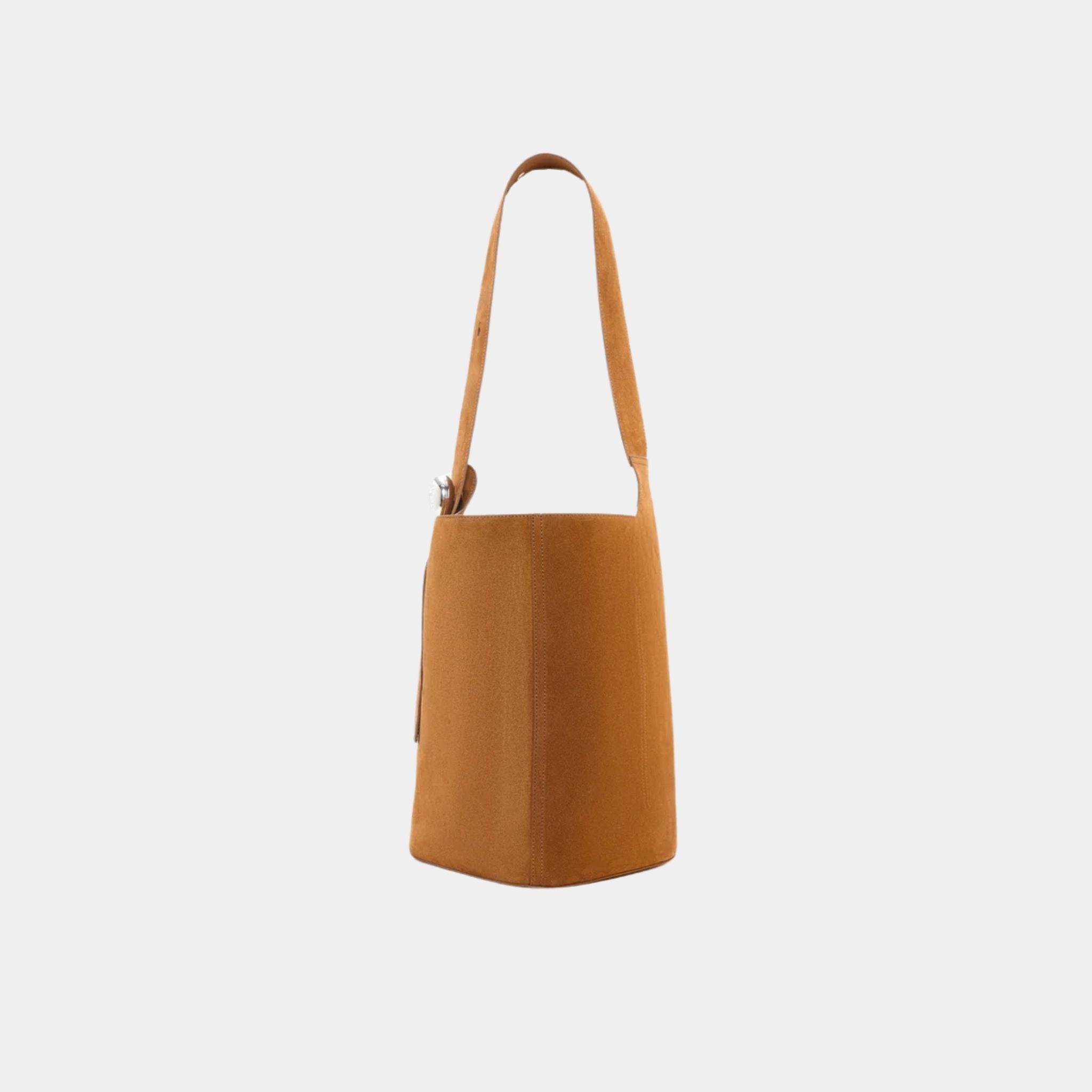 Loewe Large Pebble Bucket Bag In Suede Calfskin, Tobacco, Side