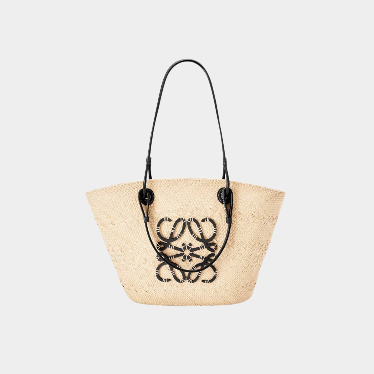 Loewe Medium Anagram Basket Bag In Iraca Palm And Calfskin, Natural, Black, Front