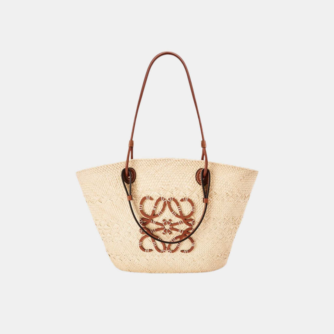 Loewe Medium Anagram Basket Bag In Iraca Palm And Calfskin, Natural, Tan, Front