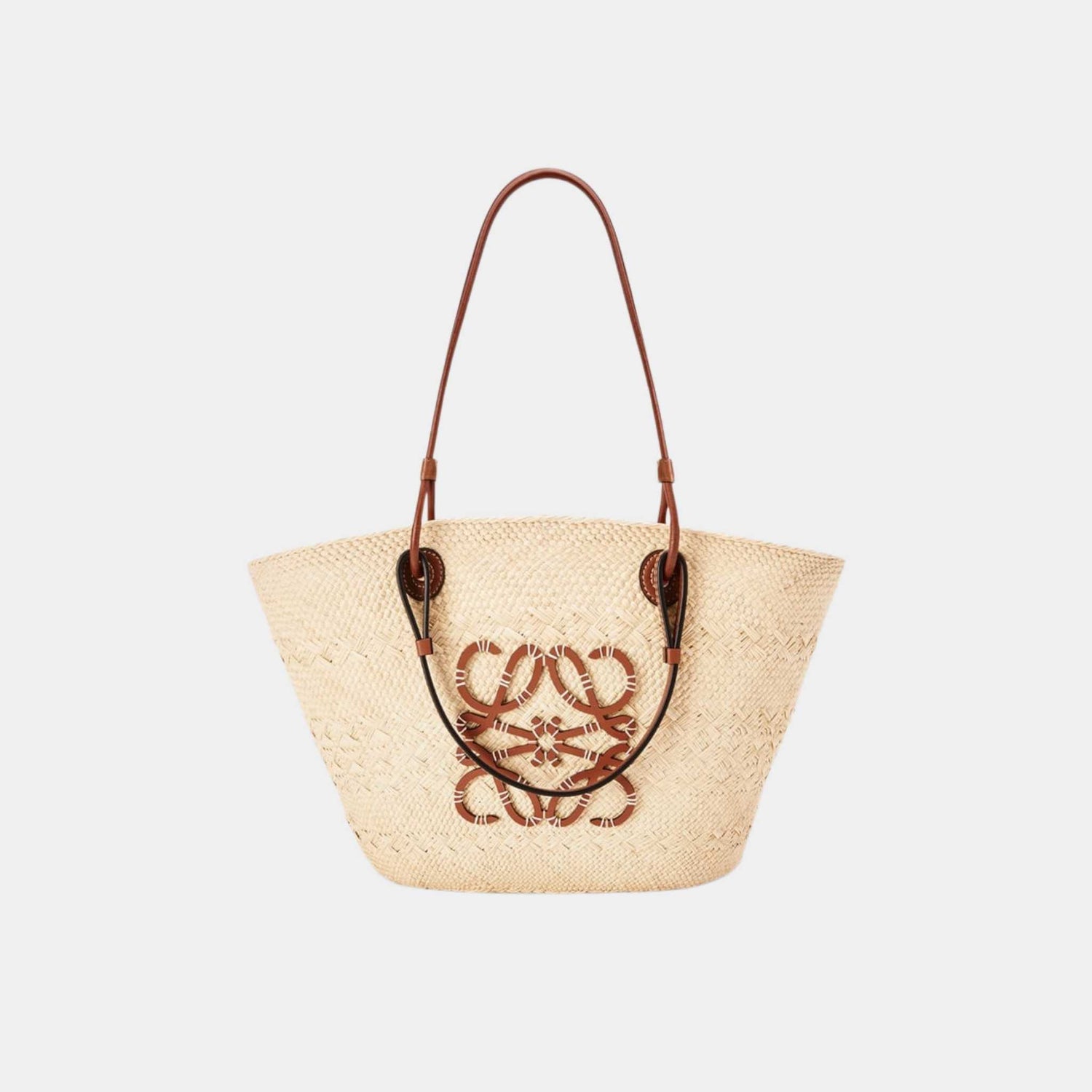 Loewe Medium Anagram Basket Bag In Iraca Palm And Calfskin, Natural, Tan, Front