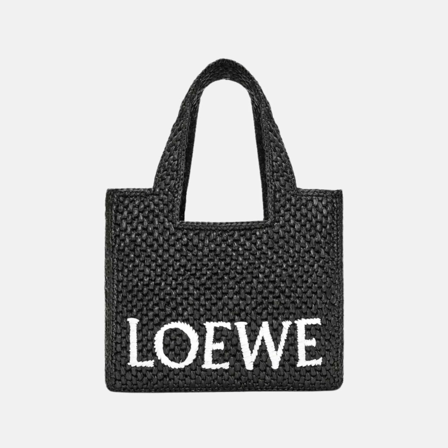 Loewe Medium Font Tote in Raffia, Black, Front