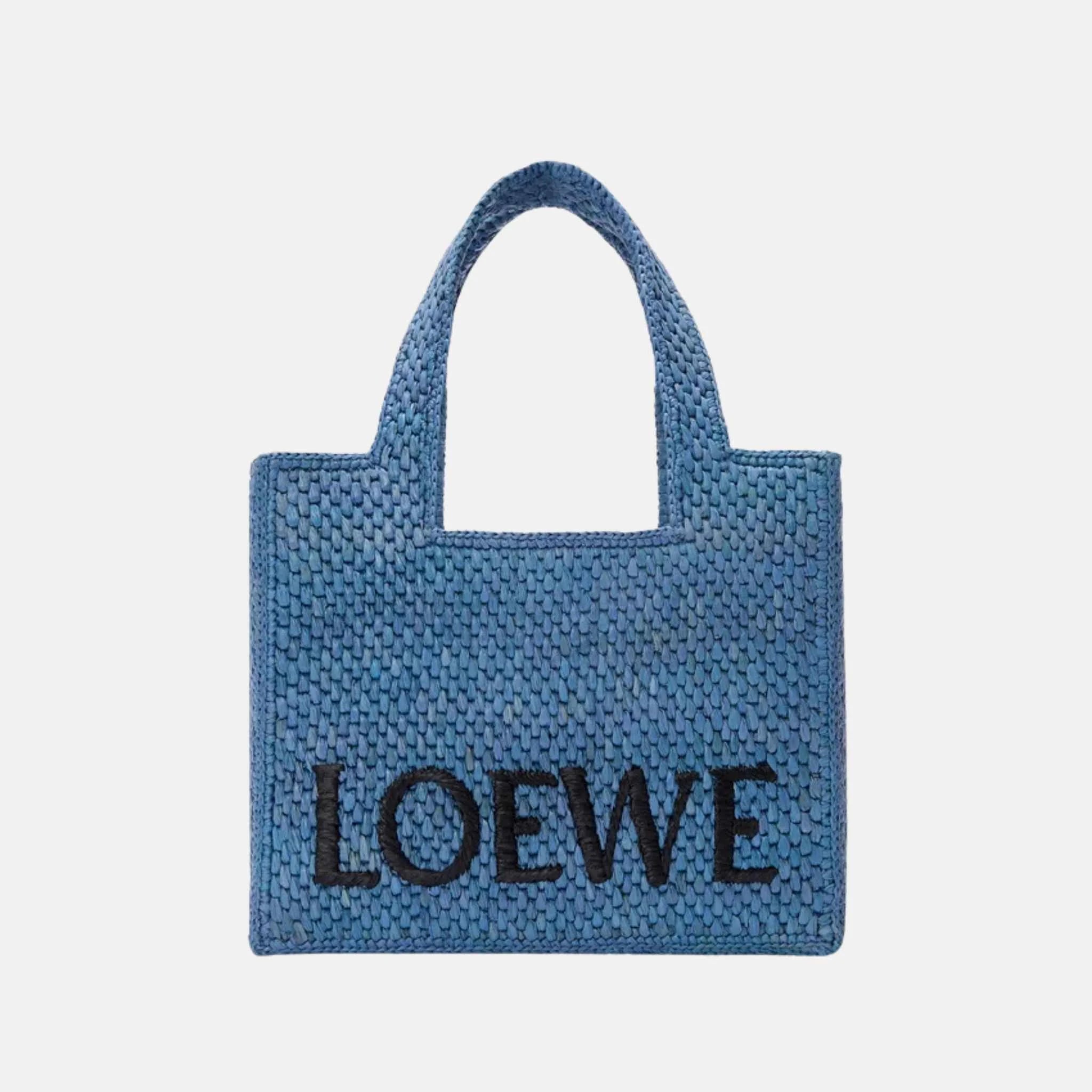 Loewe Medium Font Tote in Raffia, Light Blue, Front