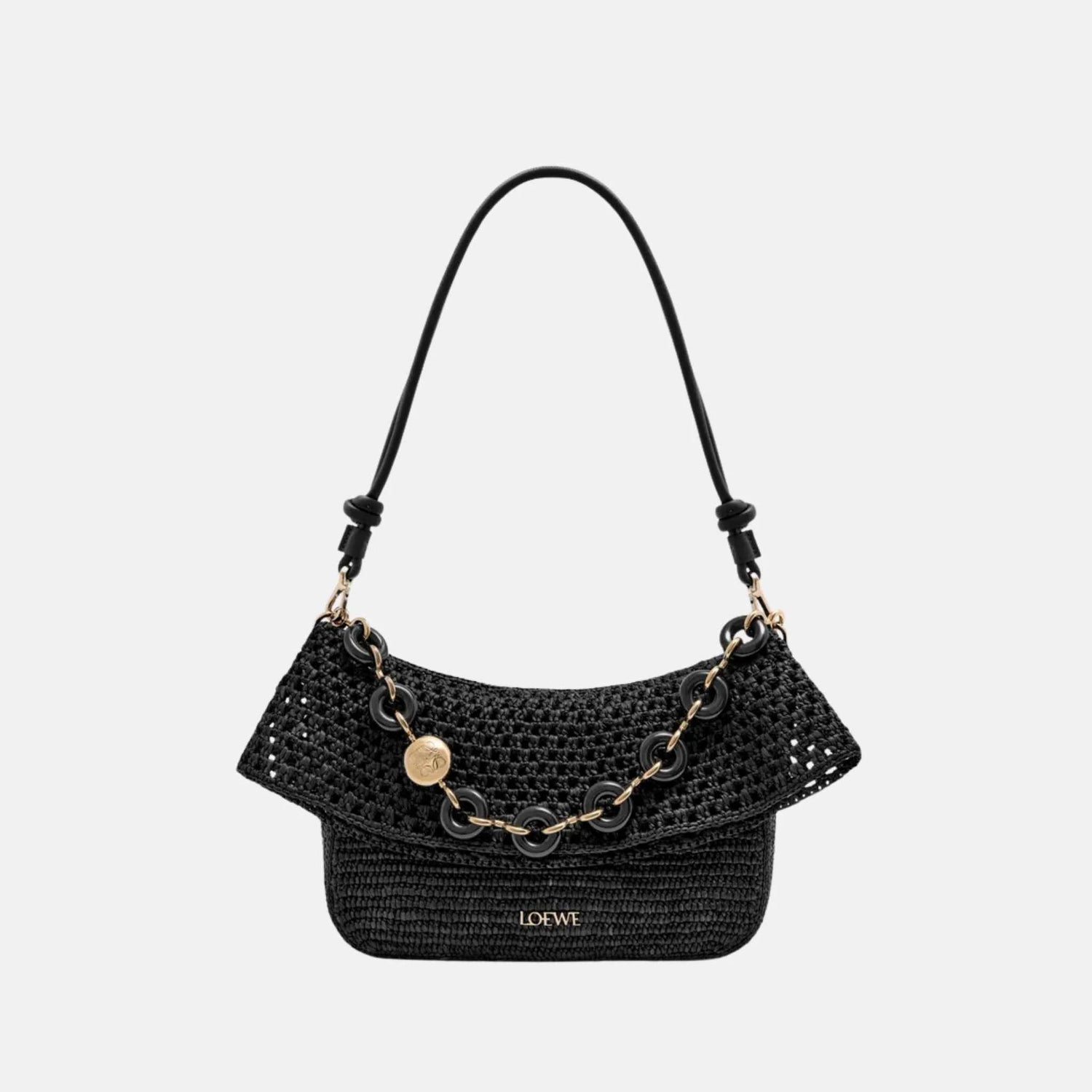 Loewe Medium Ola Bag in Raffia and Calfskin, Black, Front