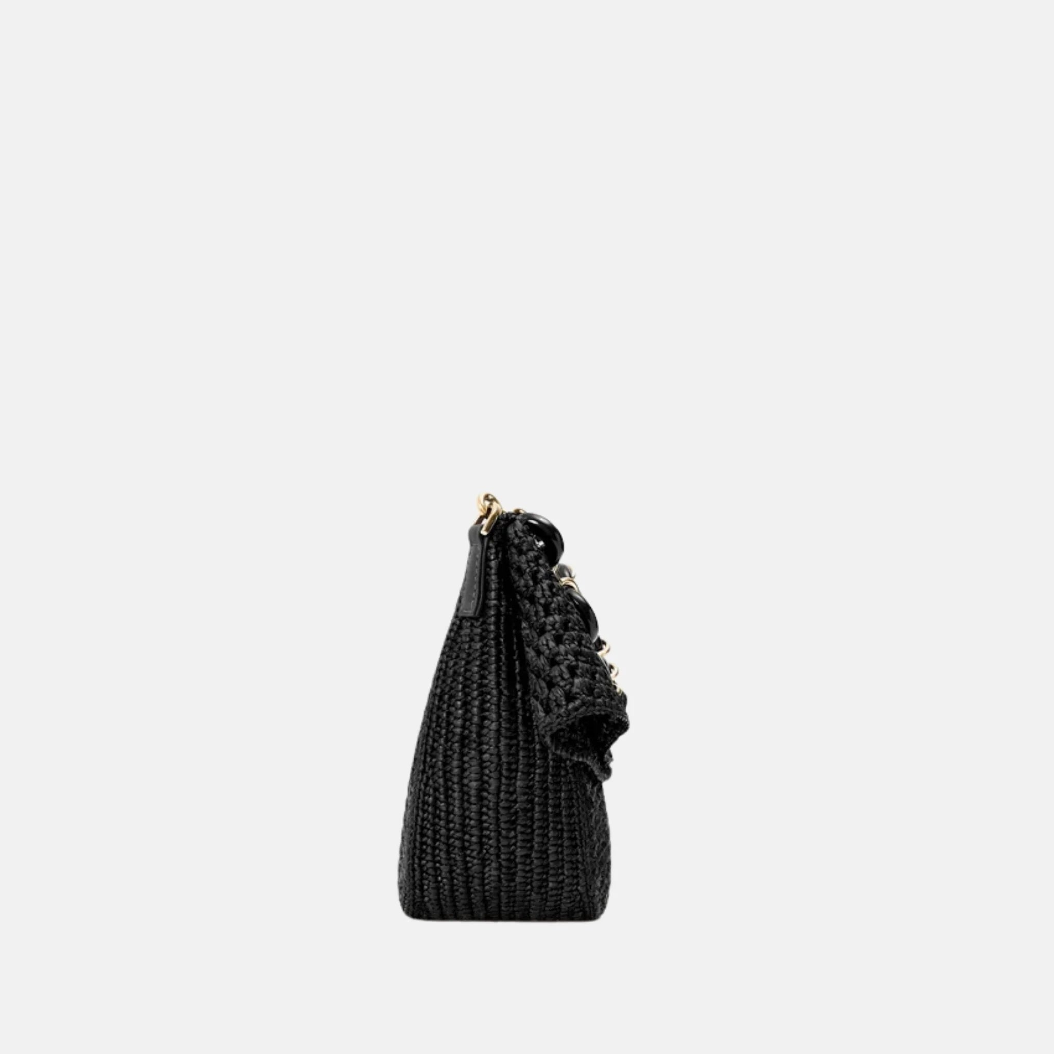 Loewe Medium Ola Bag in Raffia and Calfskin, Black, Side