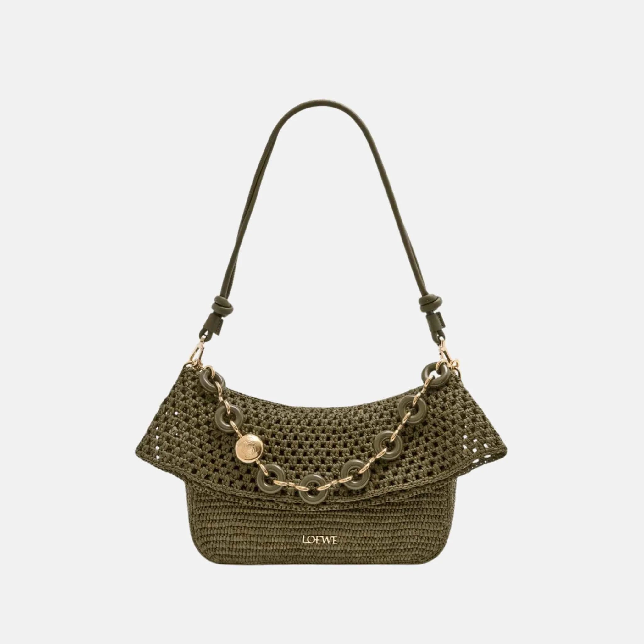 Loewe Medium Ola Bag in Raffia and Calfskin, Dark Khaki, Front