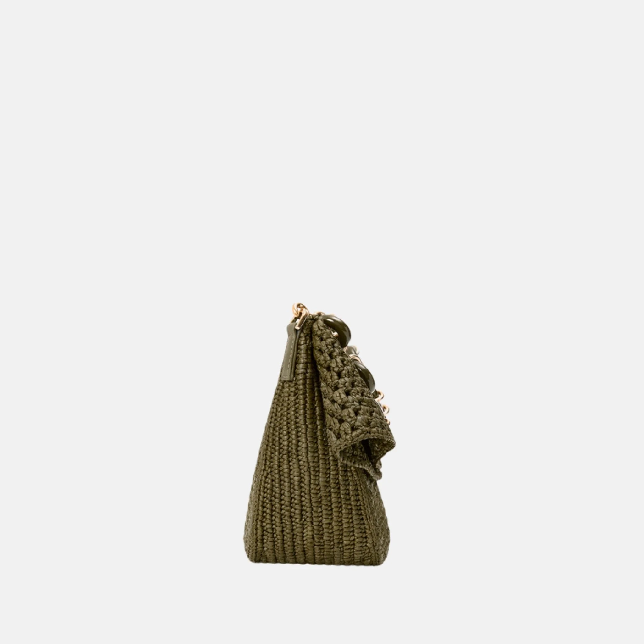 Loewe Medium Ola Bag in Raffia and Calfskin, Dark Khaki, Side