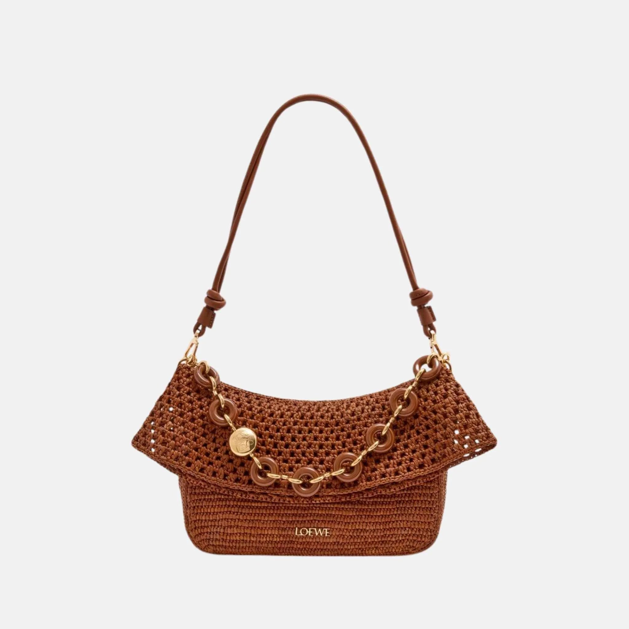 Loewe Medium Ola Bag in Raffia and Calfskin, Honey Gold, Front
