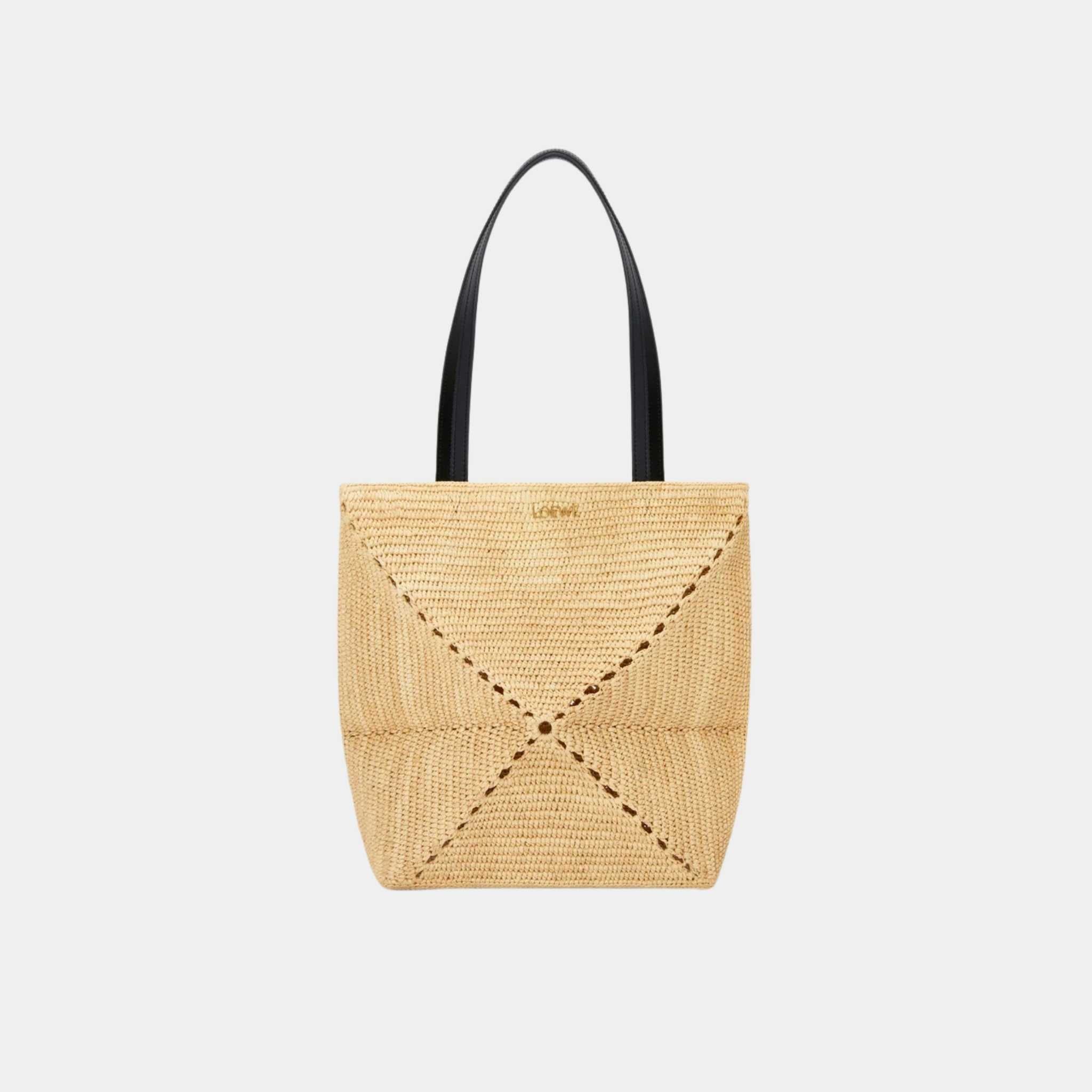 Loewe Medium Puzzle Fold Tote Bag Made of Raffia, Front