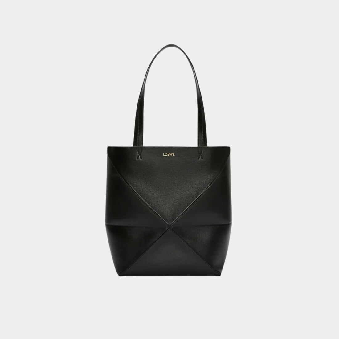 Loewe Medium Puzzle Fold Tote In Shiny Calfskin, Black, Front