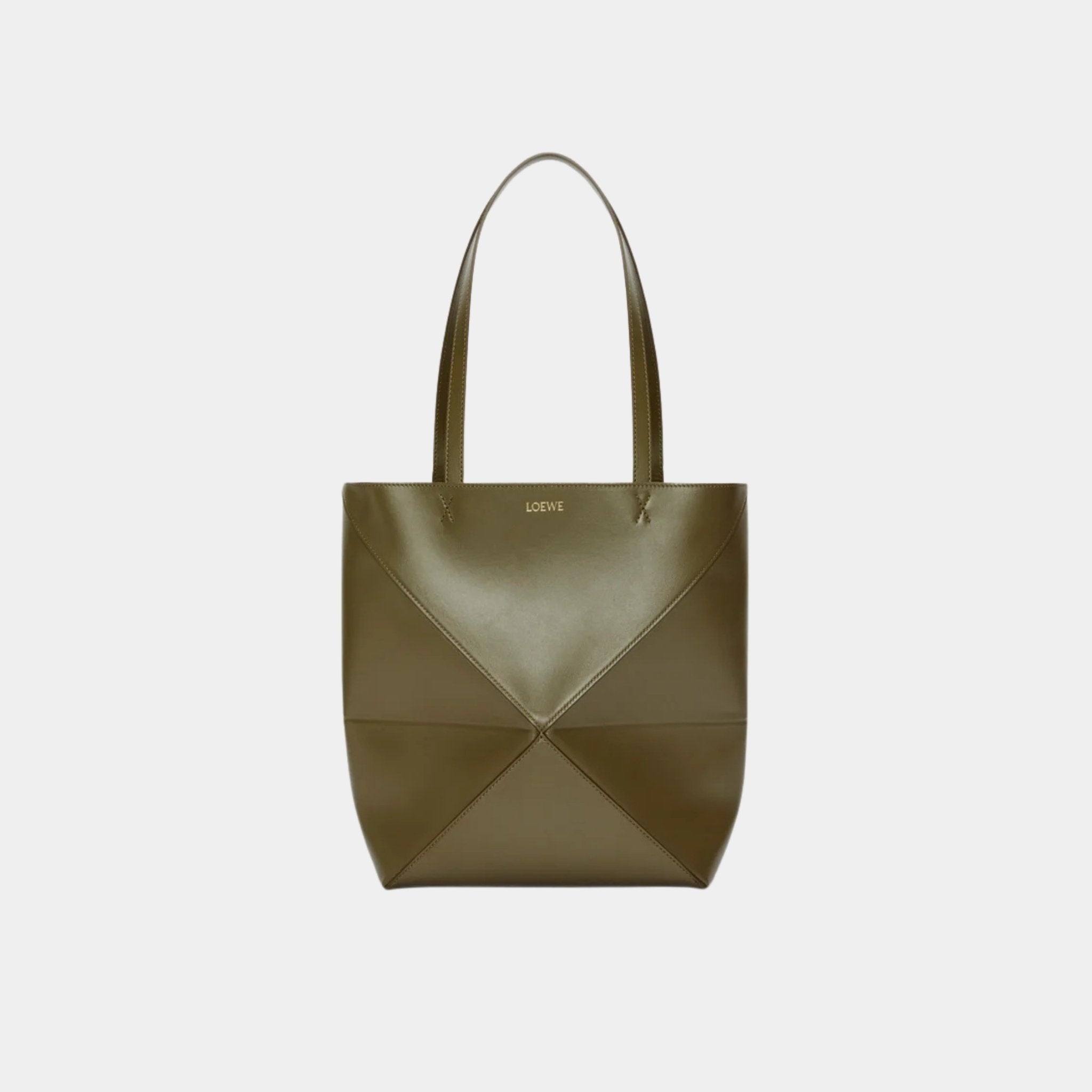 Loewe Medium Puzzle Fold Tote In Shiny Calfskin, Dark Khaki, Front