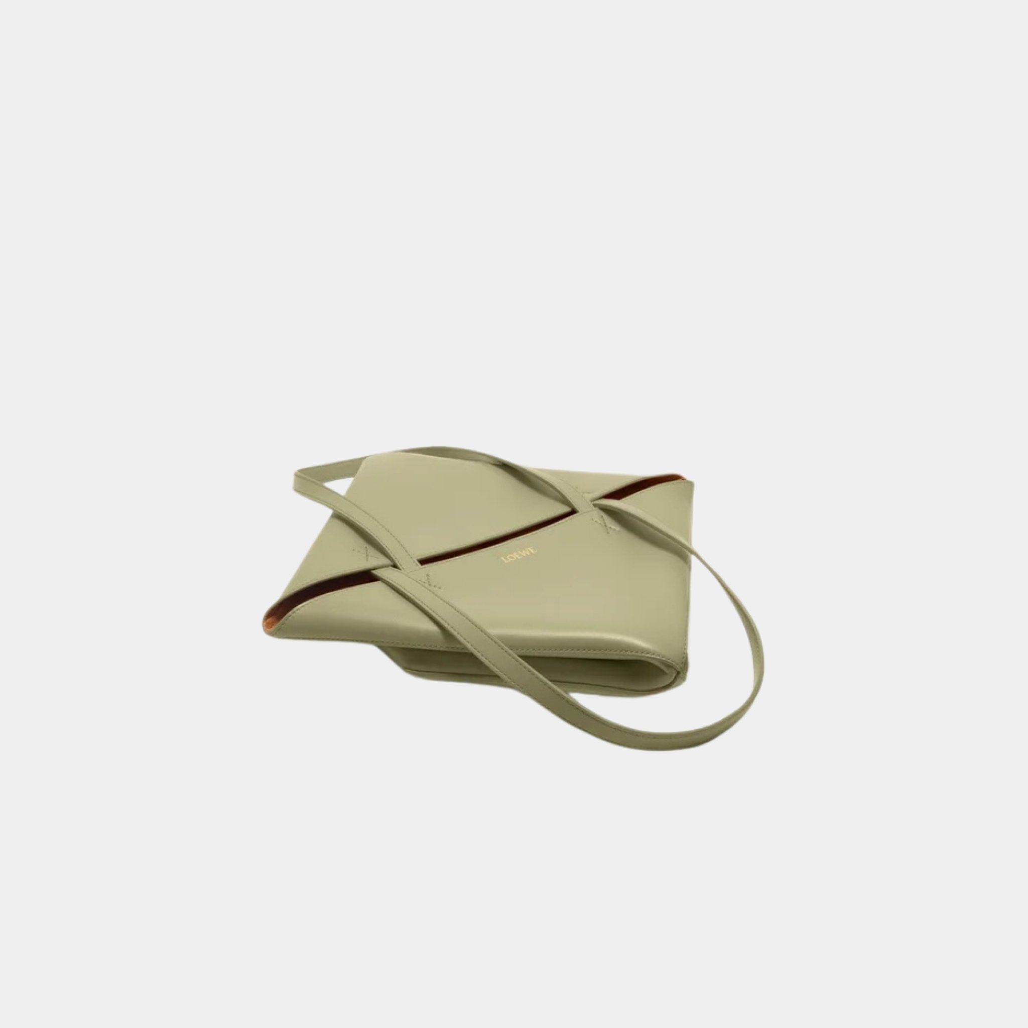 Loewe Medium Puzzle Fold Tote In Shiny Calfskin, Eucalyptus Green, Flat