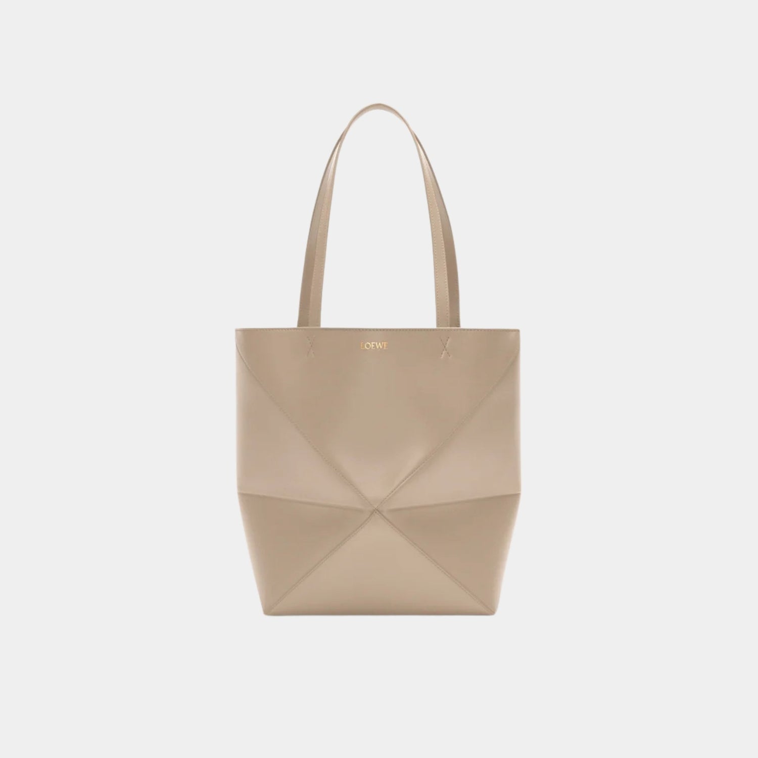Loewe Medium Puzzle Fold Tote In Shiny Calfskin, Sand, Front