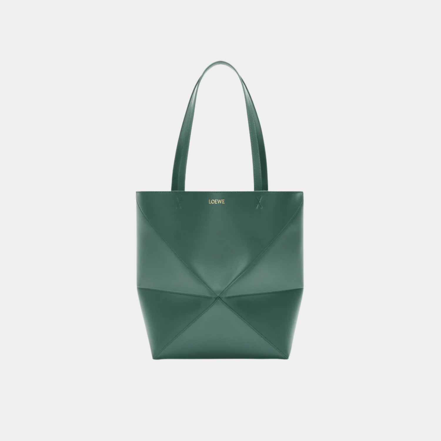 Loewe Medium Puzzle Fold Tote In Shiny Calfskin, Vetiver, Front