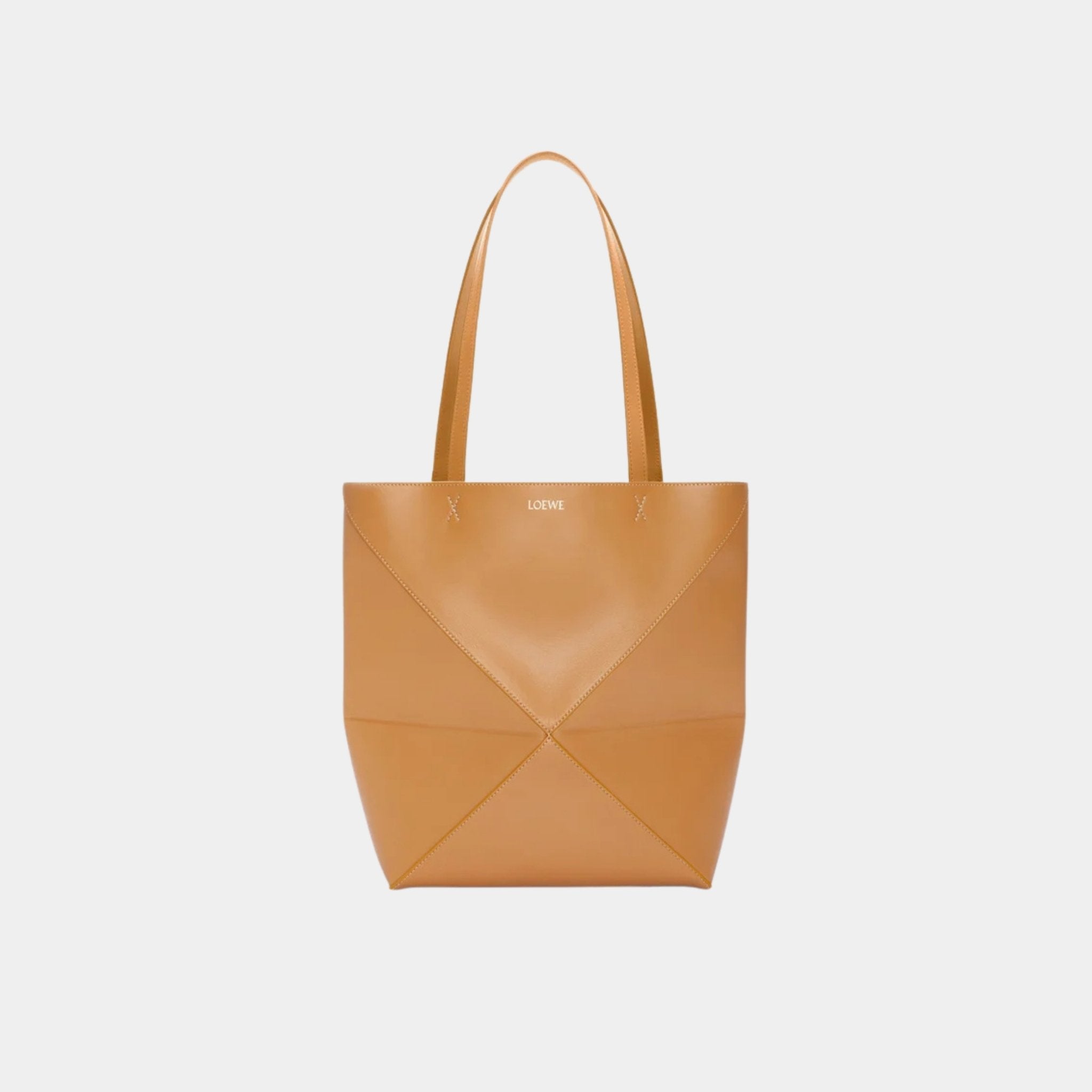 Loewe Medium Puzzle Fold Tote In Shiny Calfskin, Warm Desert, Front