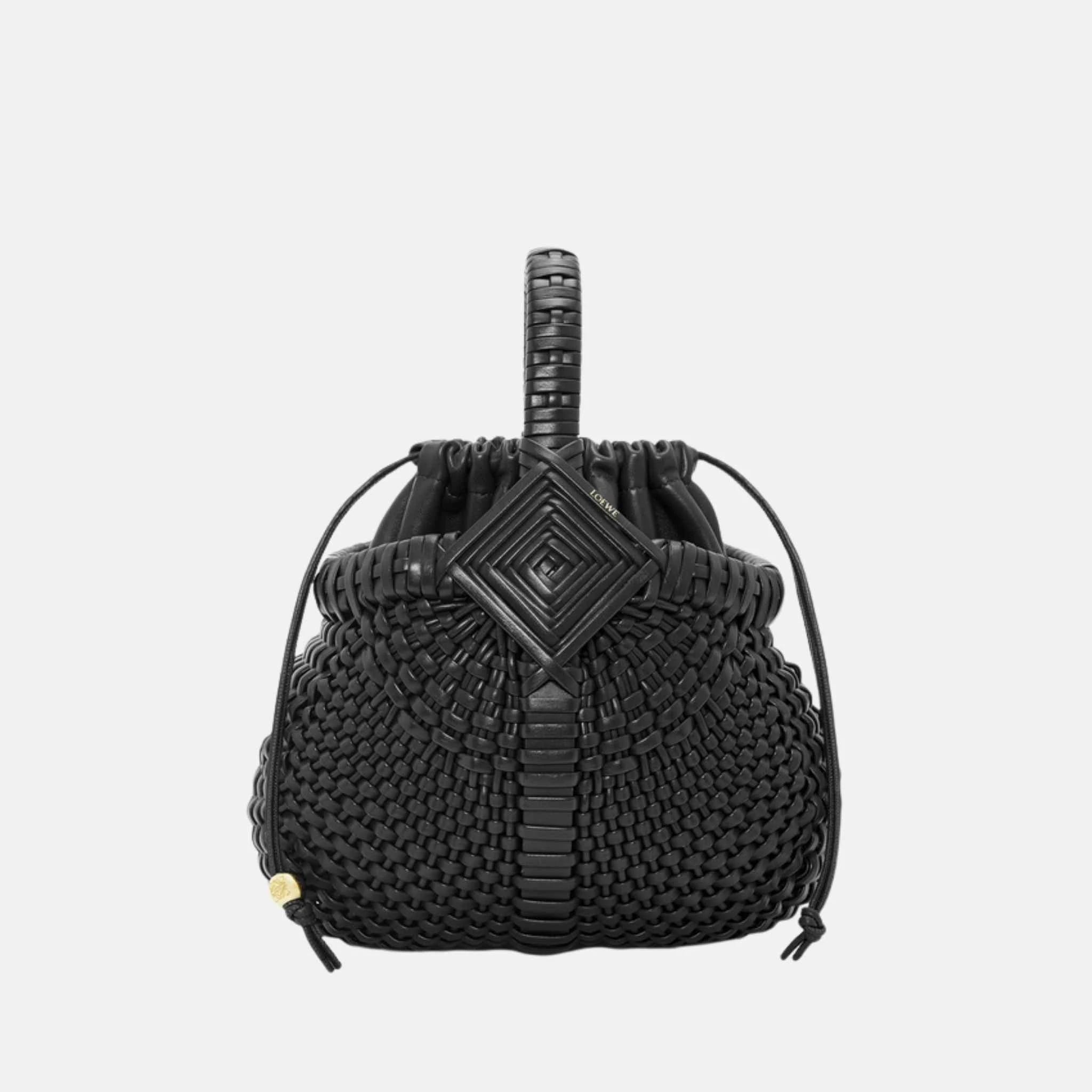 Loewe Mini Diamond Round Basket Bag in Calfskin, Black, Front