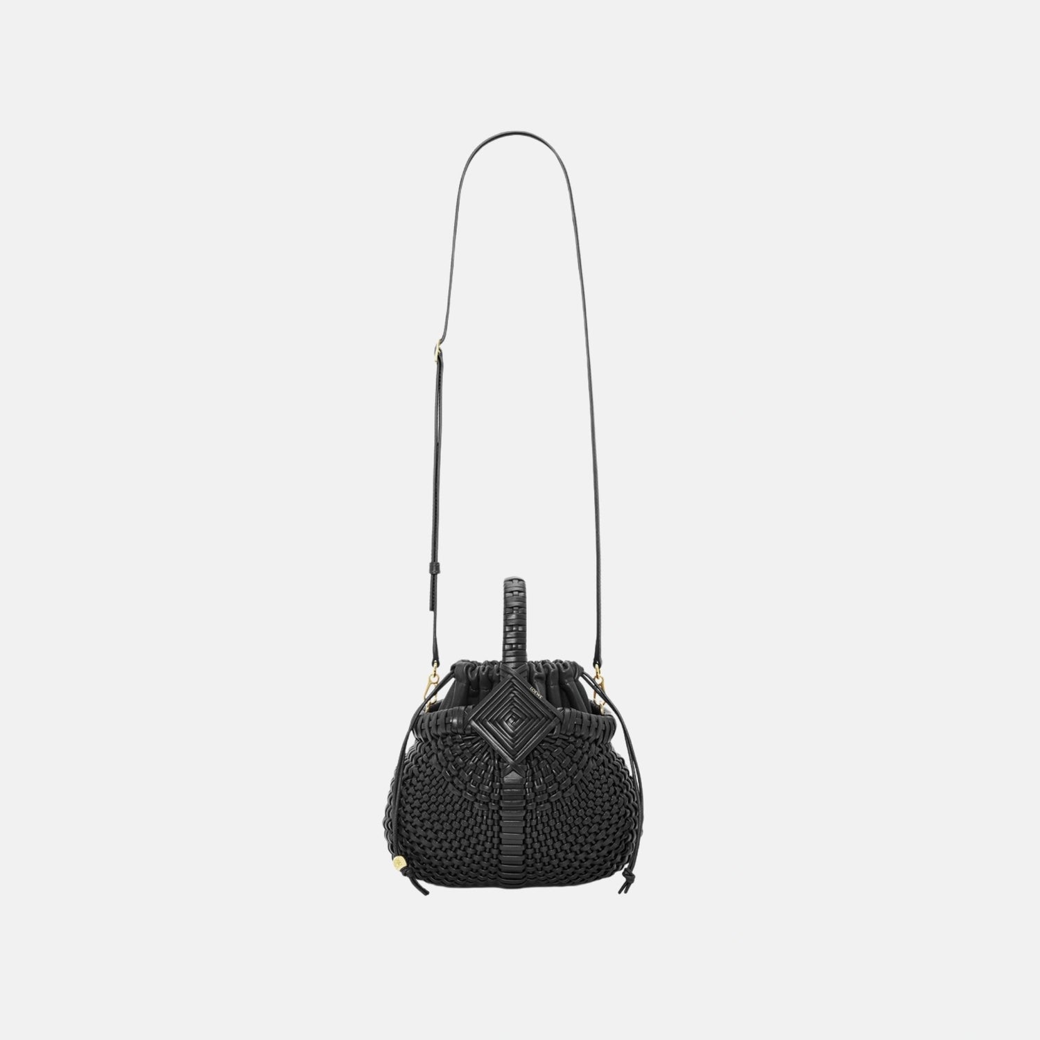 Loewe Mini Diamond Round Basket Bag in Calfskin, Black, Full