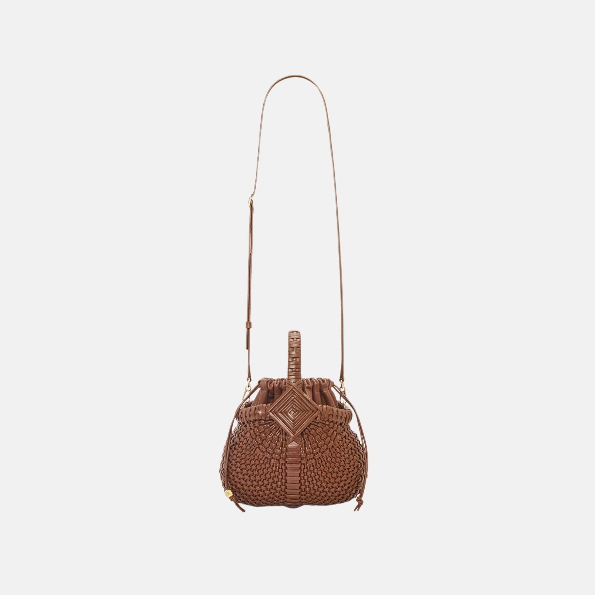 Loewe Mini Diamond Round Basket Bag in Calfskin, Tan, Full
