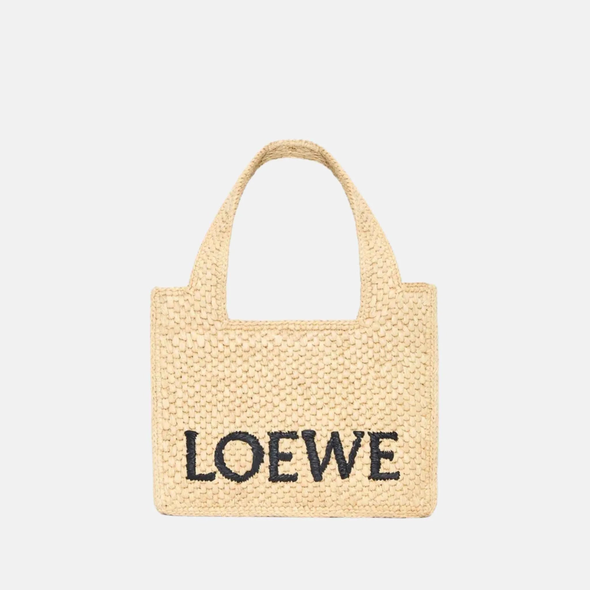 Loewe Mini Font Tote in Natural Raffia, Front
