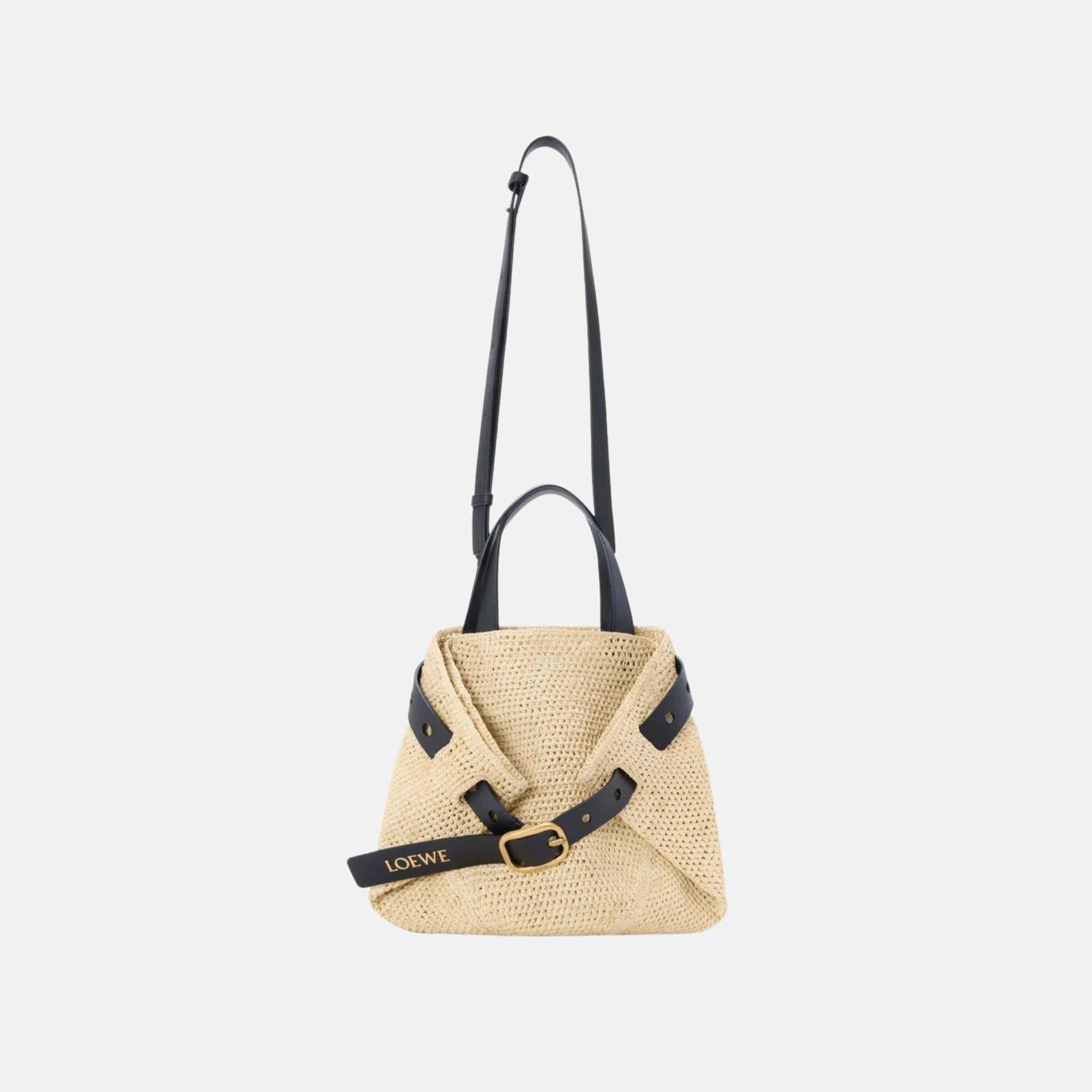Loewe Mini Punch Hole Shopper in Raffia, Front