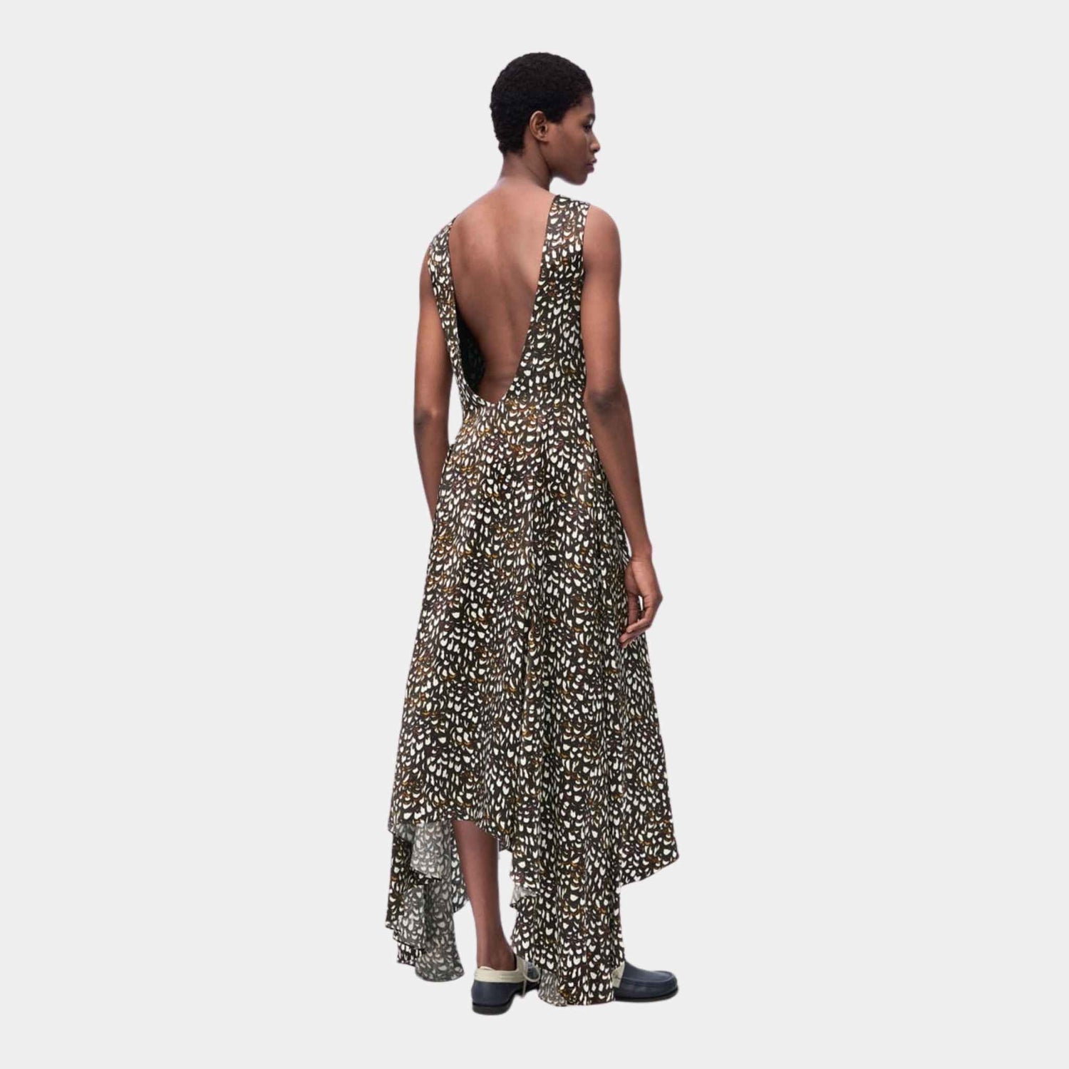 Loewe Open Back Dress in Viscose Pheasant Feather Print, Back