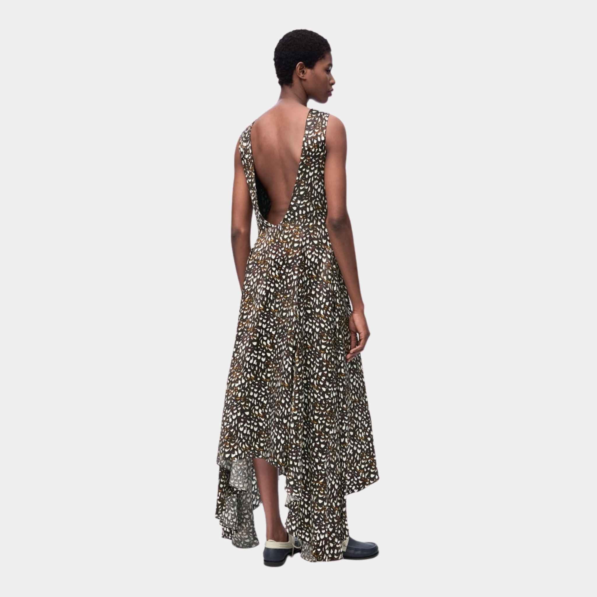 Loewe Open Back Dress in Viscose Pheasant Feather Print, Back