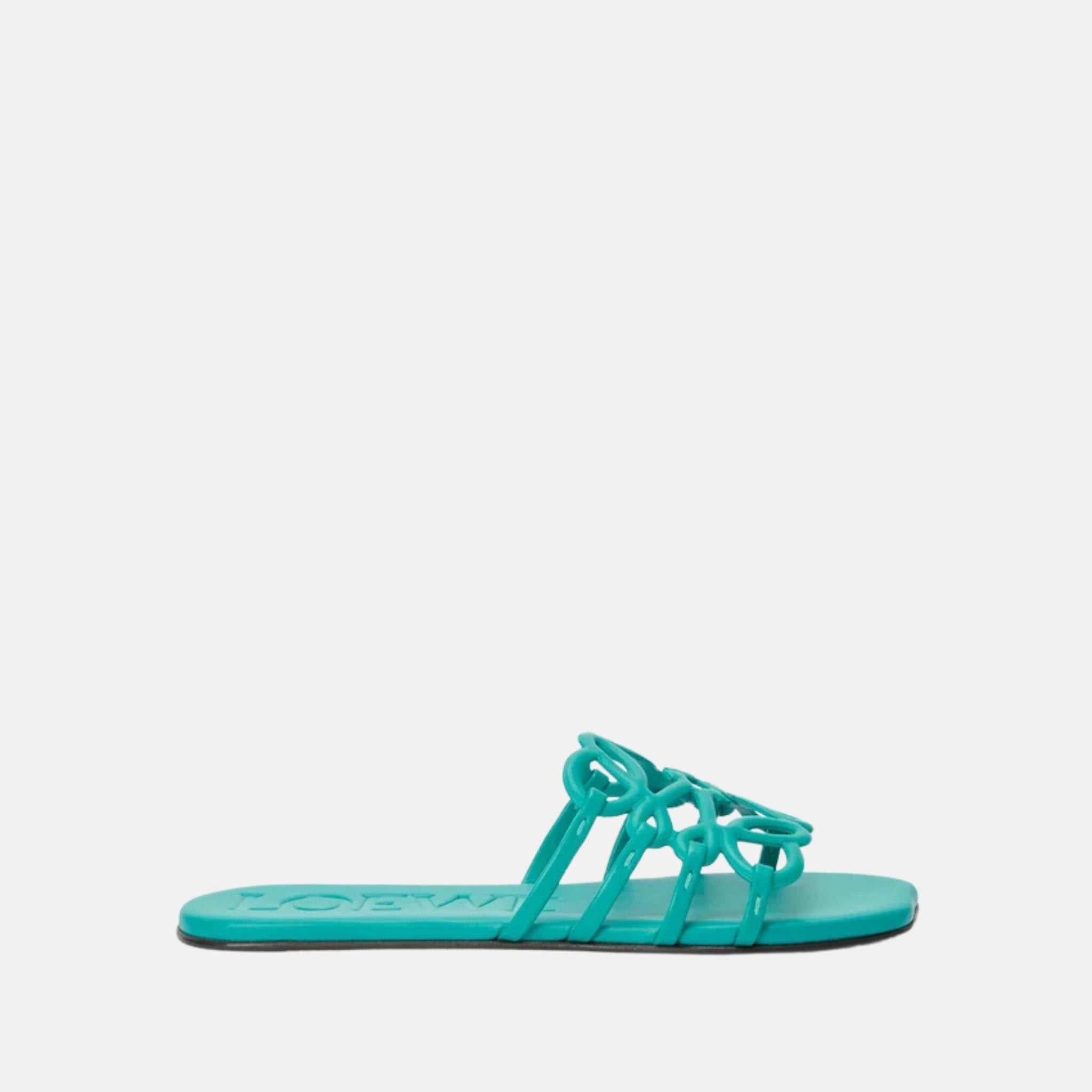 Loewe Petal Anagram Slide In Soft Calfskin, Turquoise, Side