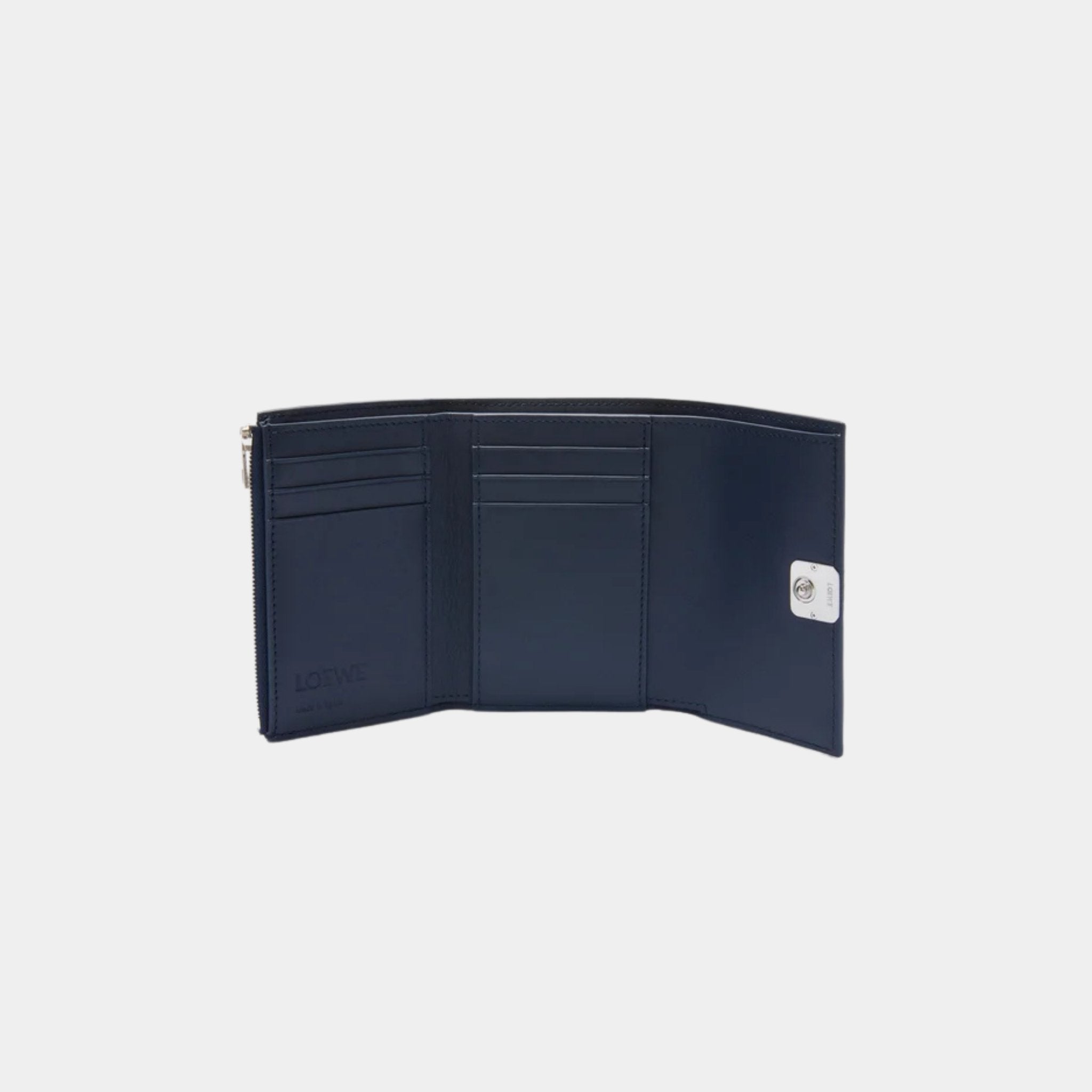 Loewe Puffer Anagram Small Vertical Wallet In Shiny Nappa Calfskin, Deep Navy, Open