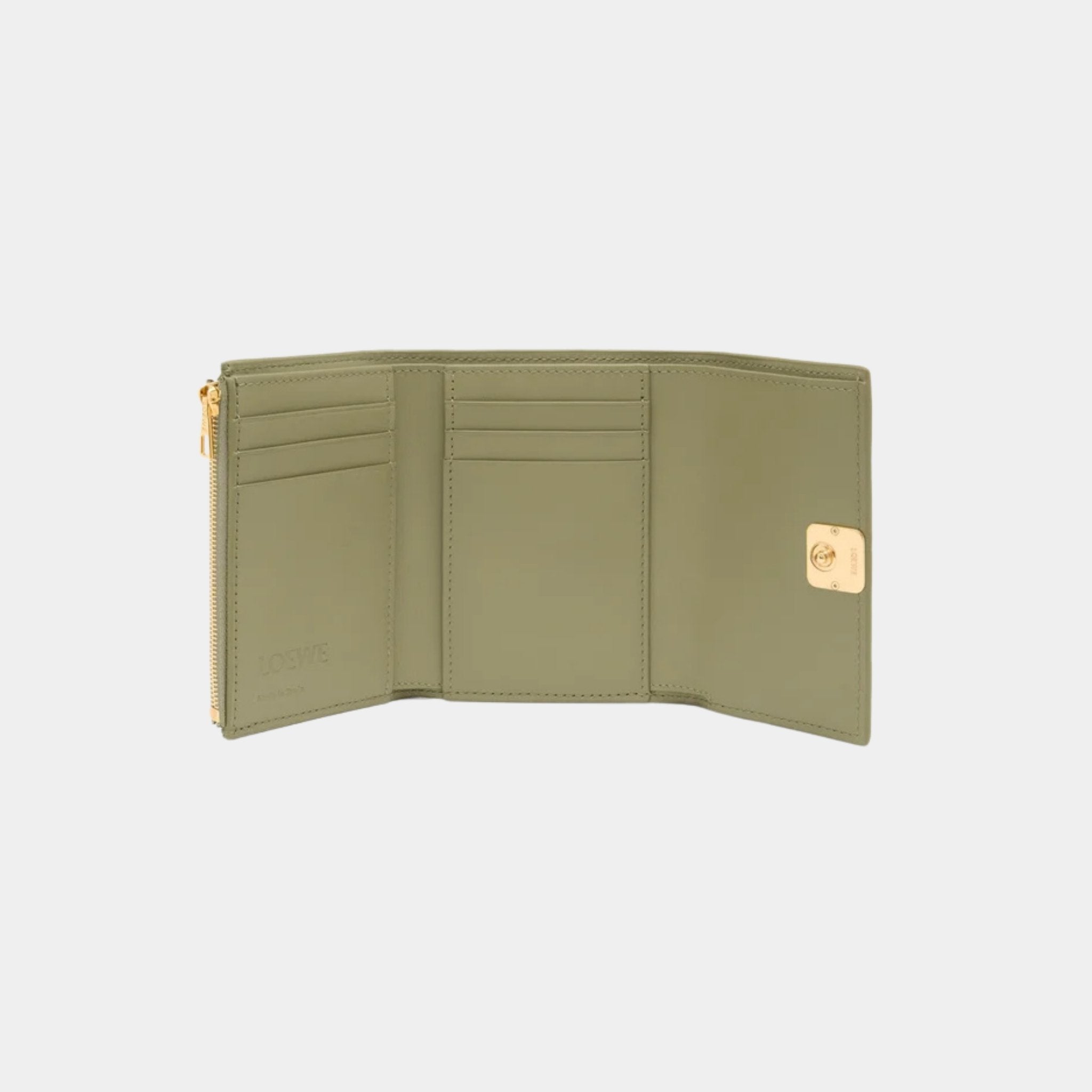 Loewe Puffer Anagram Small Vertical Wallet In Shiny Nappa Calfskin, Eucalyptus Green, Open