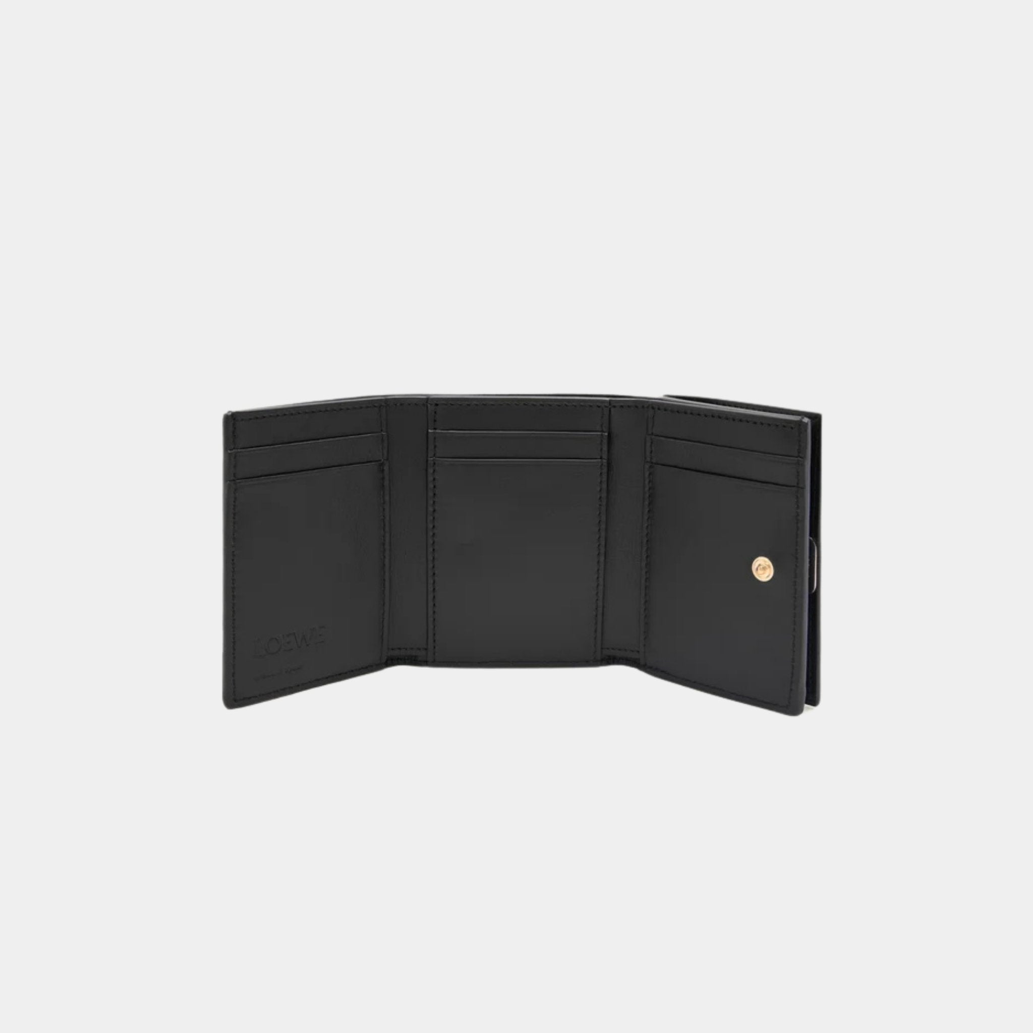 Loewe Puffer Anagram Trifold Wallet In Shiny Nappa Calfskin, Black, Open